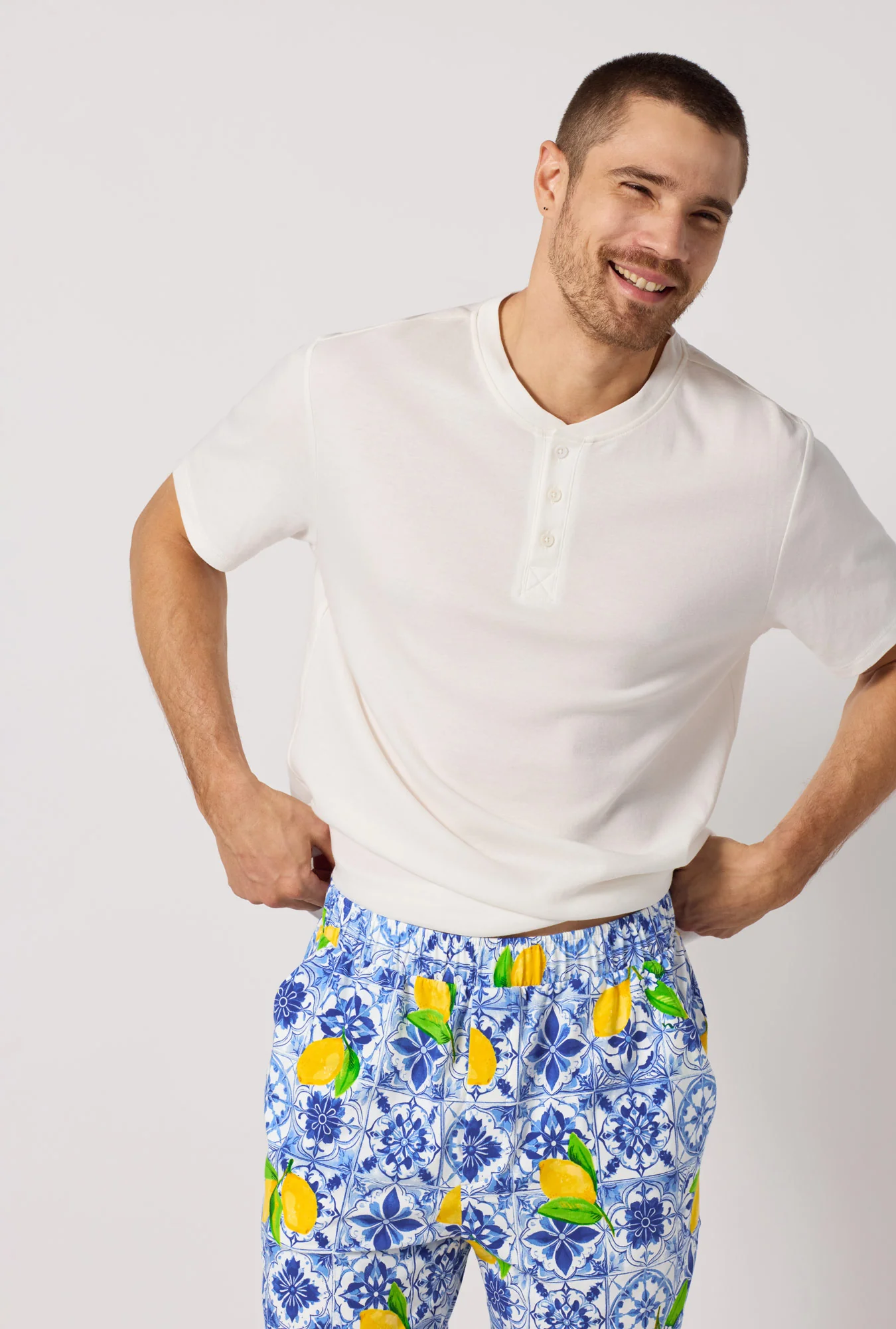 Azure Summer Men's Short Sleeve Henley Stretch Jersey Short Pj Set - Image 4