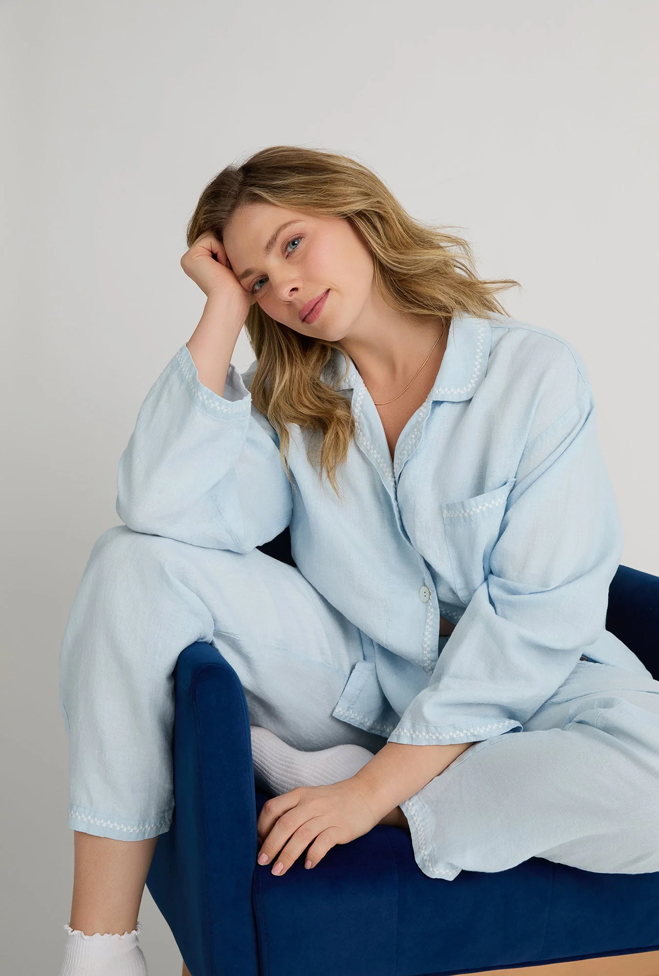 Baby's Breath Blue Long Sleeve Classic Woven Linen Pj Set
