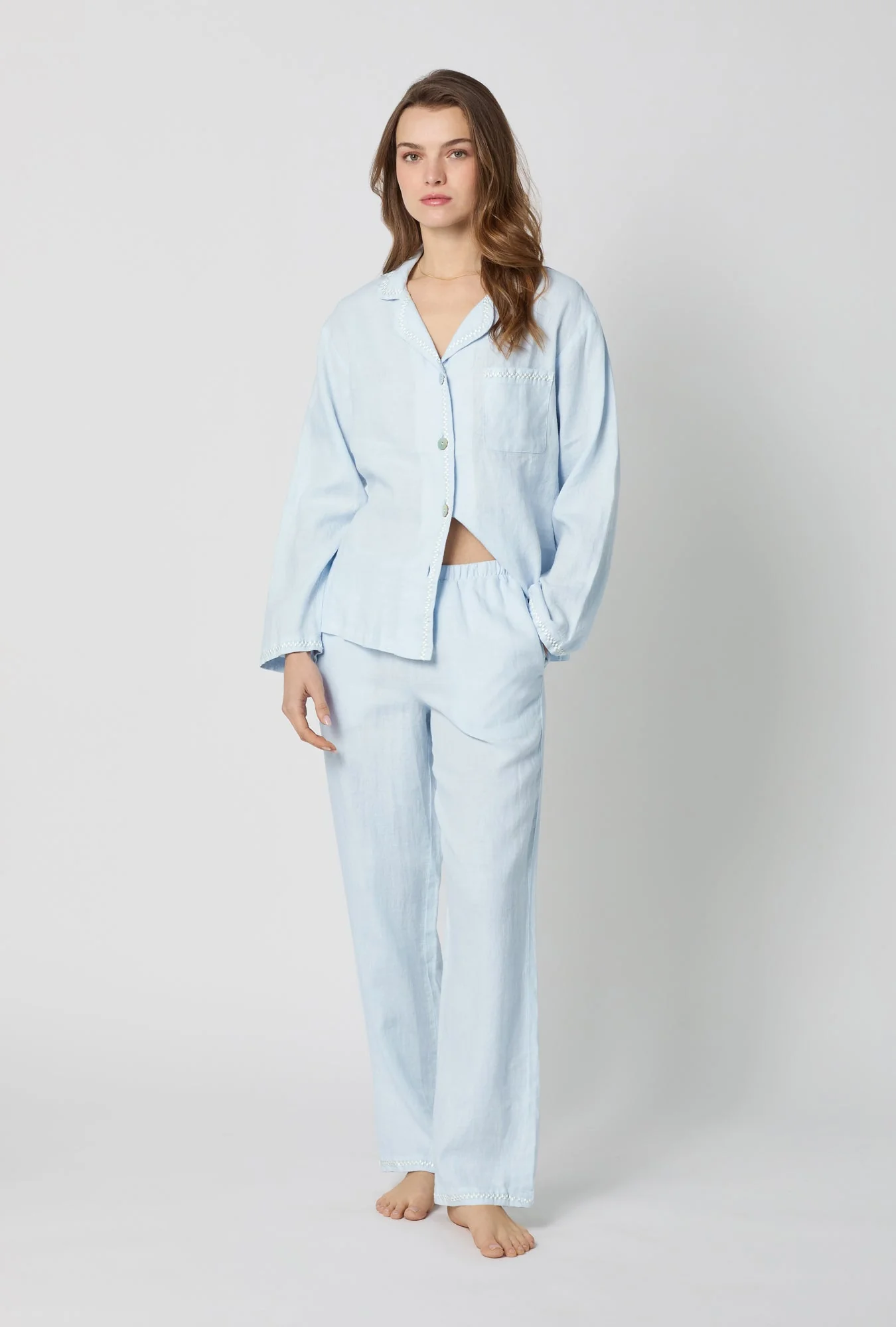 Baby's Breath Blue Long Sleeve Classic Woven Linen Pj Set - Image 3