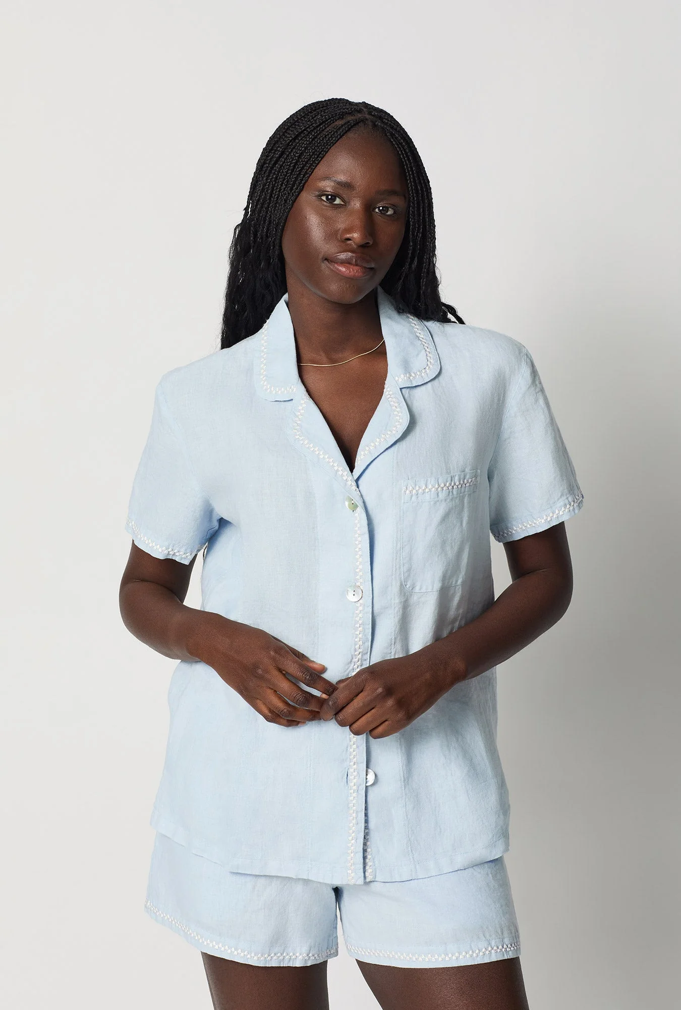 Baby's Breath Blue Short Sleeve Classic Shorty Woven Linen Pj Set