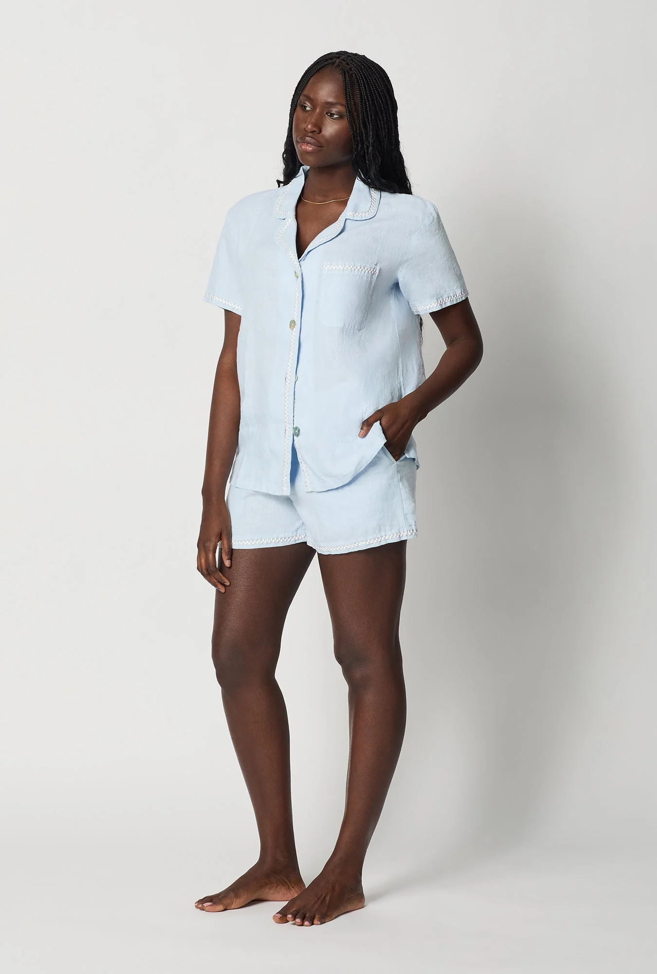 Baby's Breath Blue Short Sleeve Classic Shorty Woven Linen Pj Set - Image 3