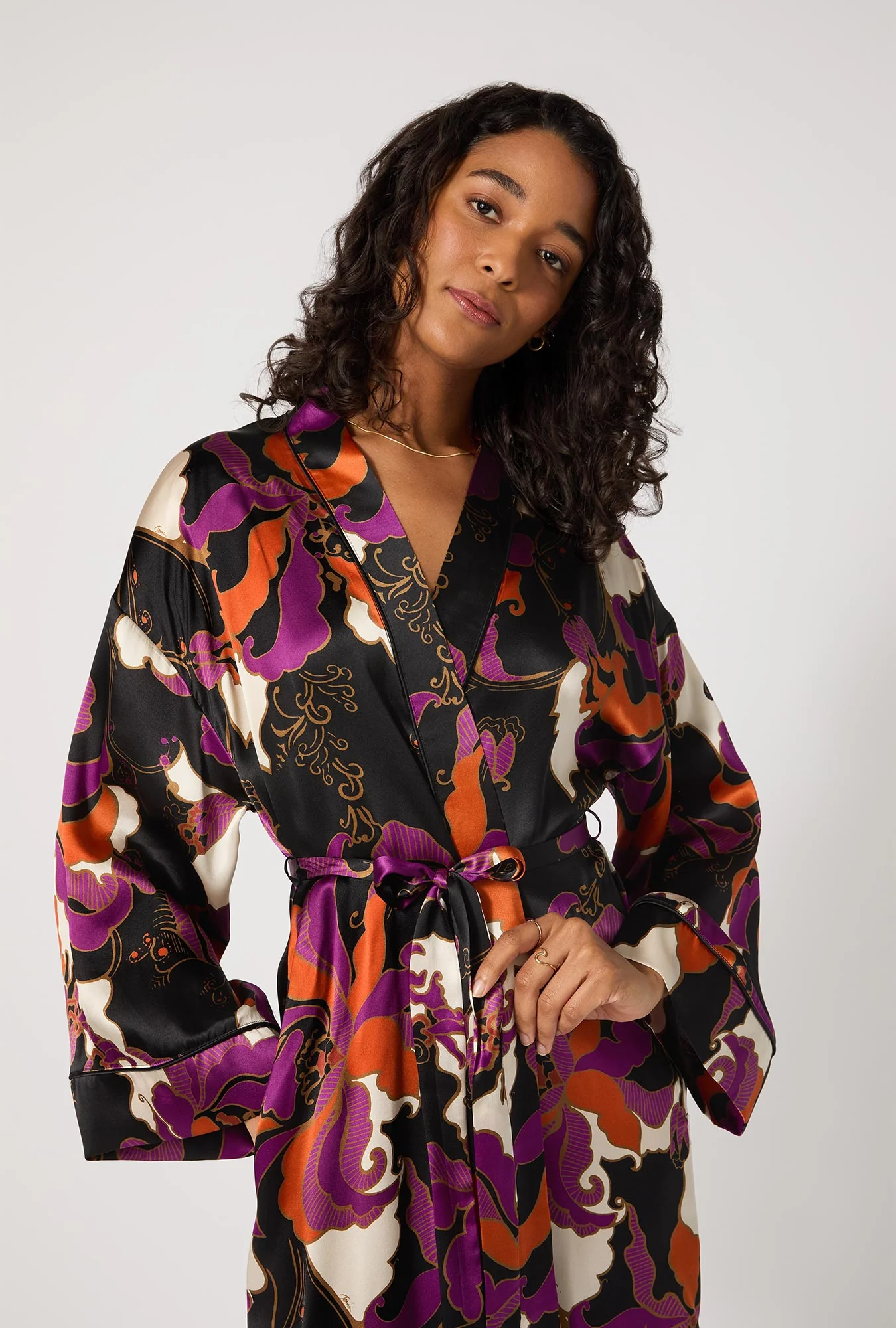 BedHead X Trina Turk Fall Floral Banded Collar Washable Silk Robe - Image 3