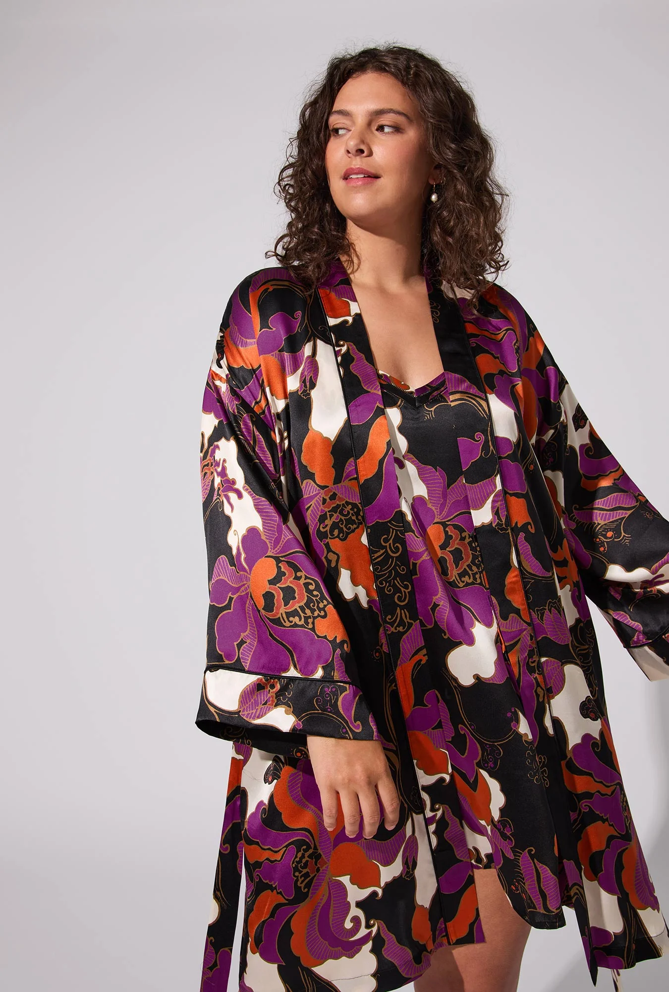 BedHead X Trina Turk Fall Floral Banded Collar Washable Silk Robe - Image 5