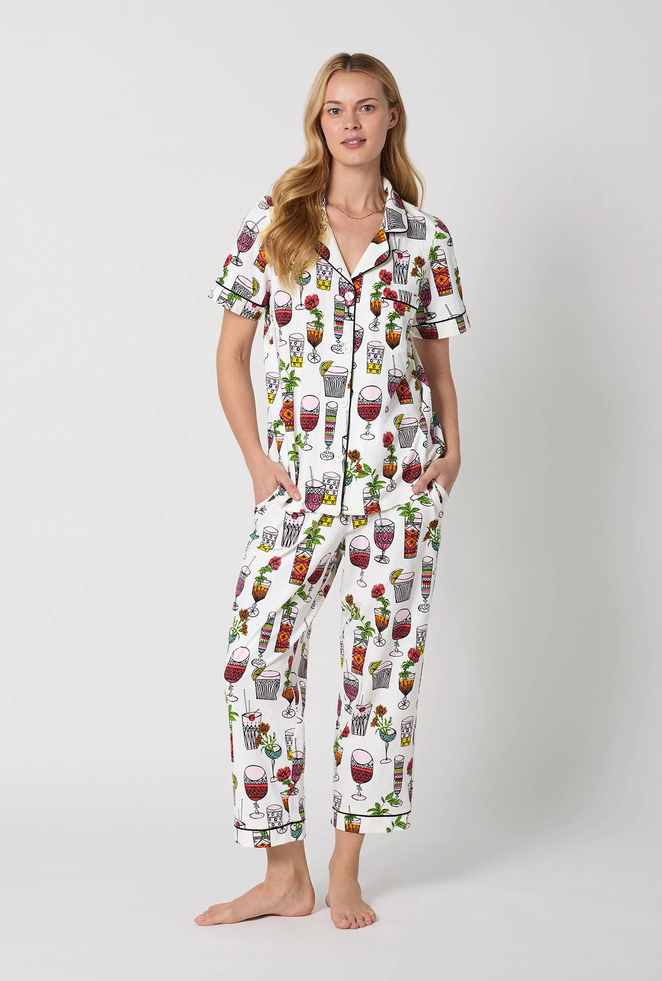 BedHead x Trina Turk Happy Hour Short Sleeve Classic Stretch Jersey Cropped Pj Set