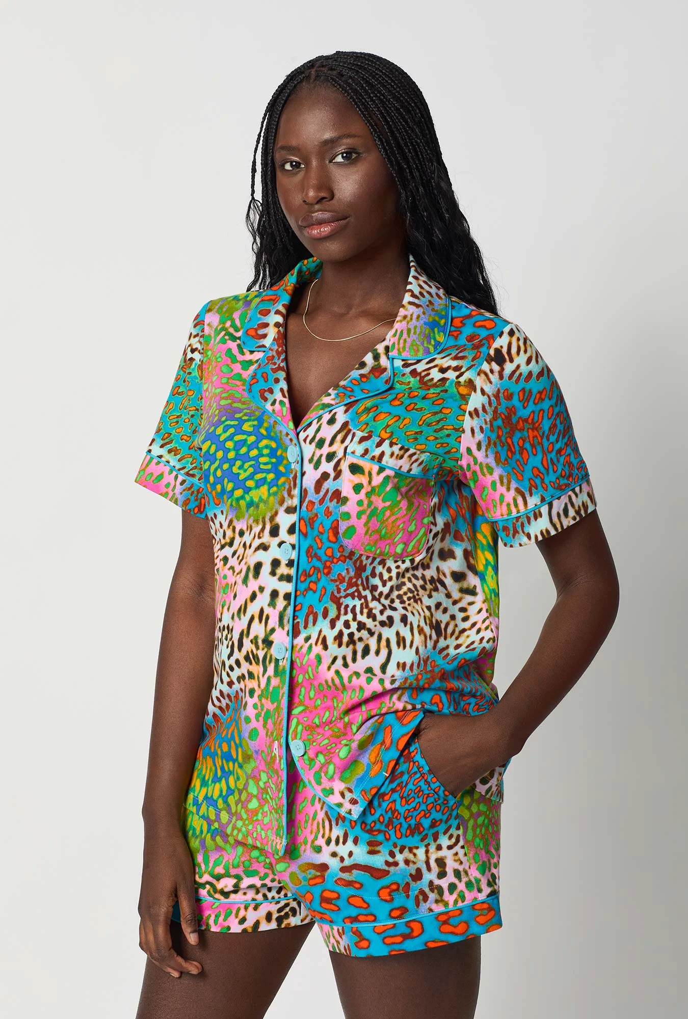 BedHead x Trina Turk Spray Leopard Short Sleeve Classic Shorty Stretch Jersey Pj Set