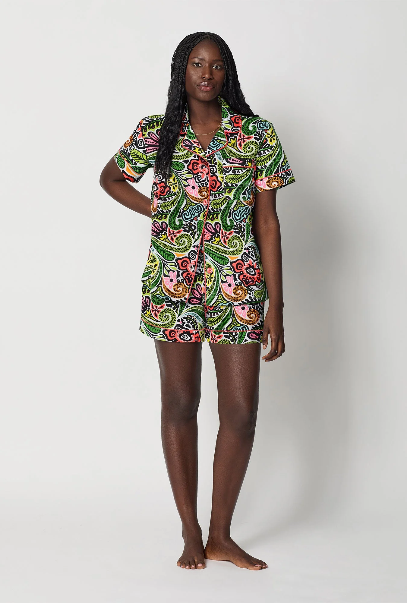 BedHead x Trina Turk Tiki Short Sleeve Classic Woven Cotton Poplin Shorty Pj Set