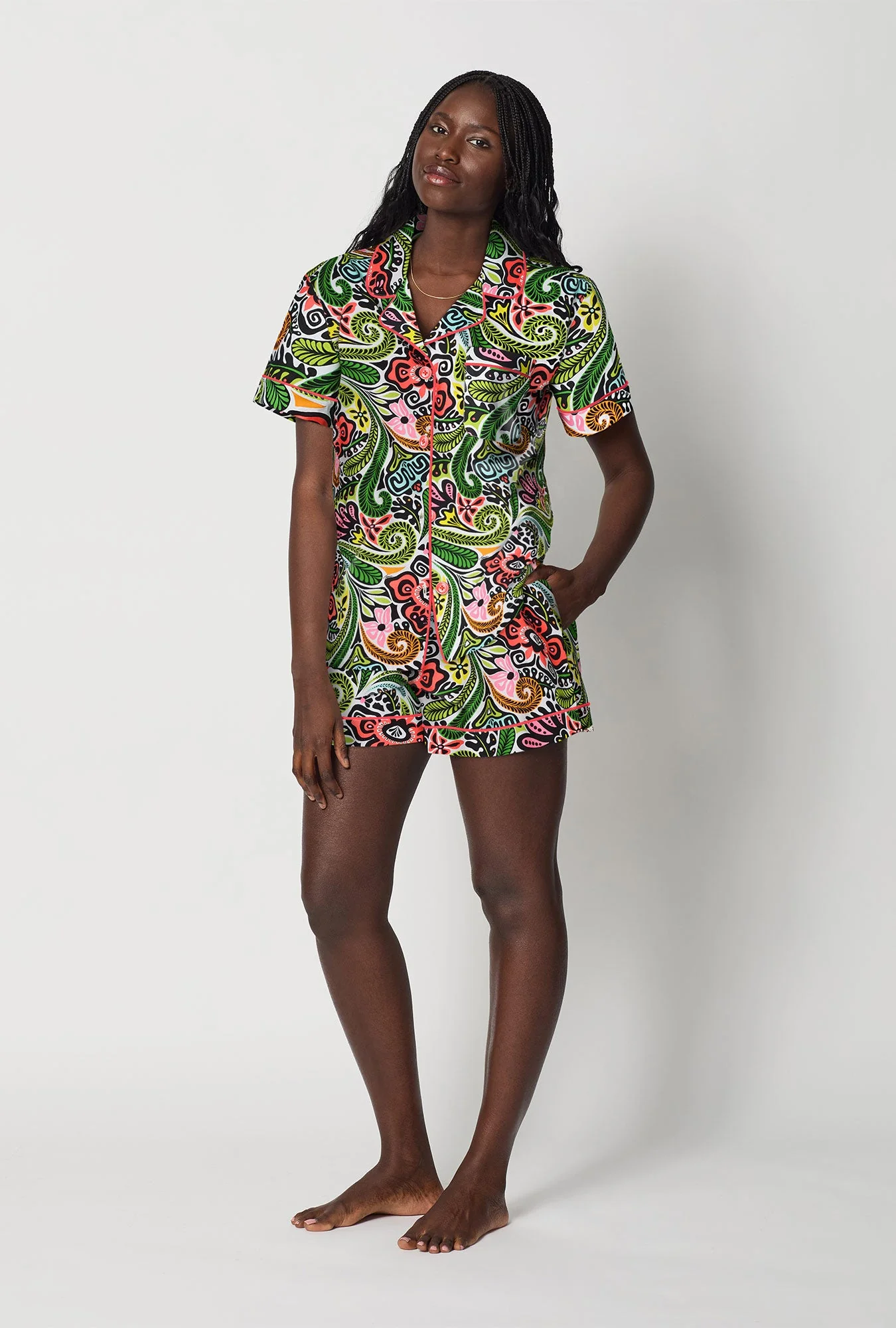 BedHead x Trina Turk Tiki Short Sleeve Classic Woven Cotton Poplin Shorty Pj Set - Image 2