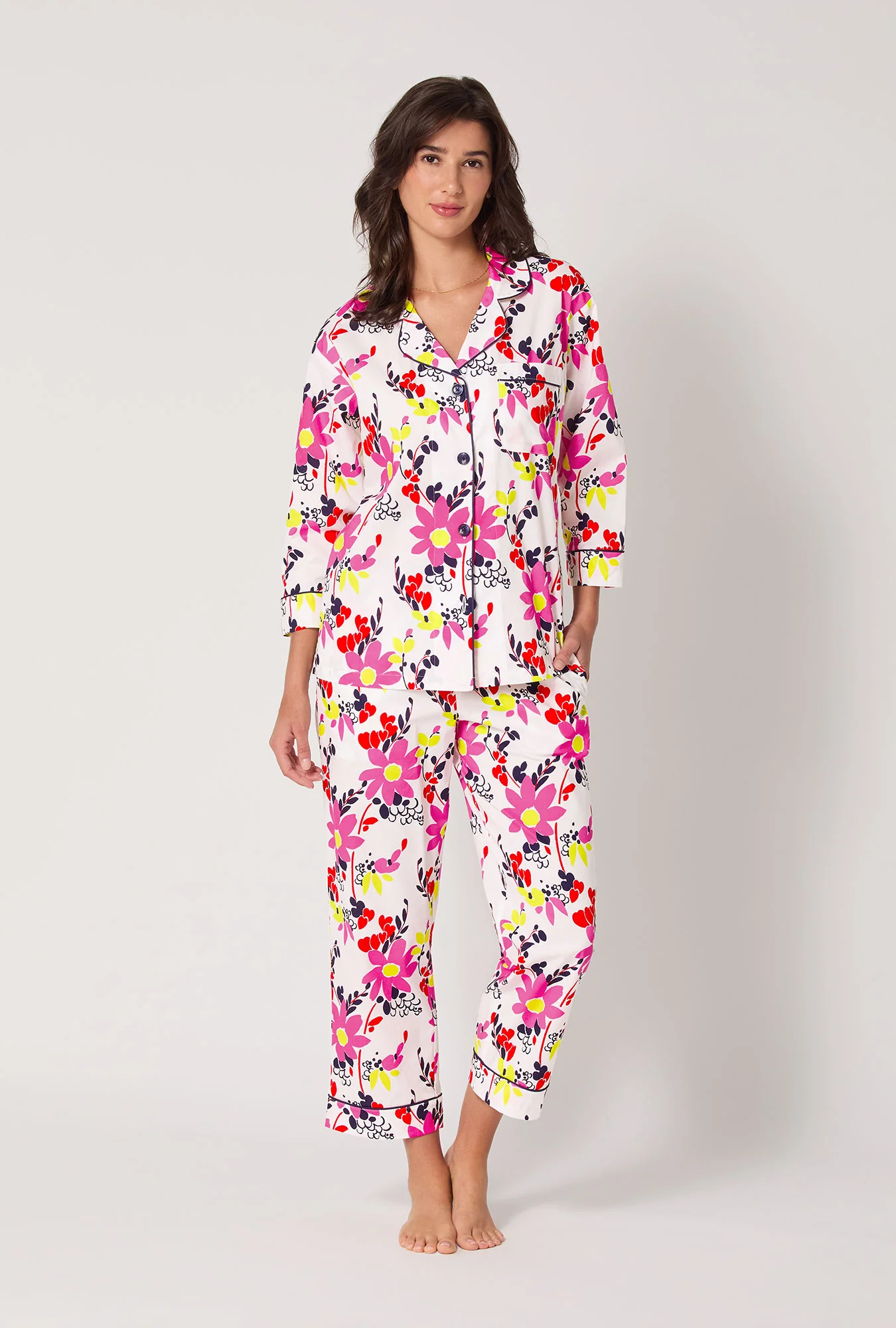 BedHead x Trina Turk Whimsical Floral 3/4 Sleeve Classic Woven Cotton Cropped Pj Set