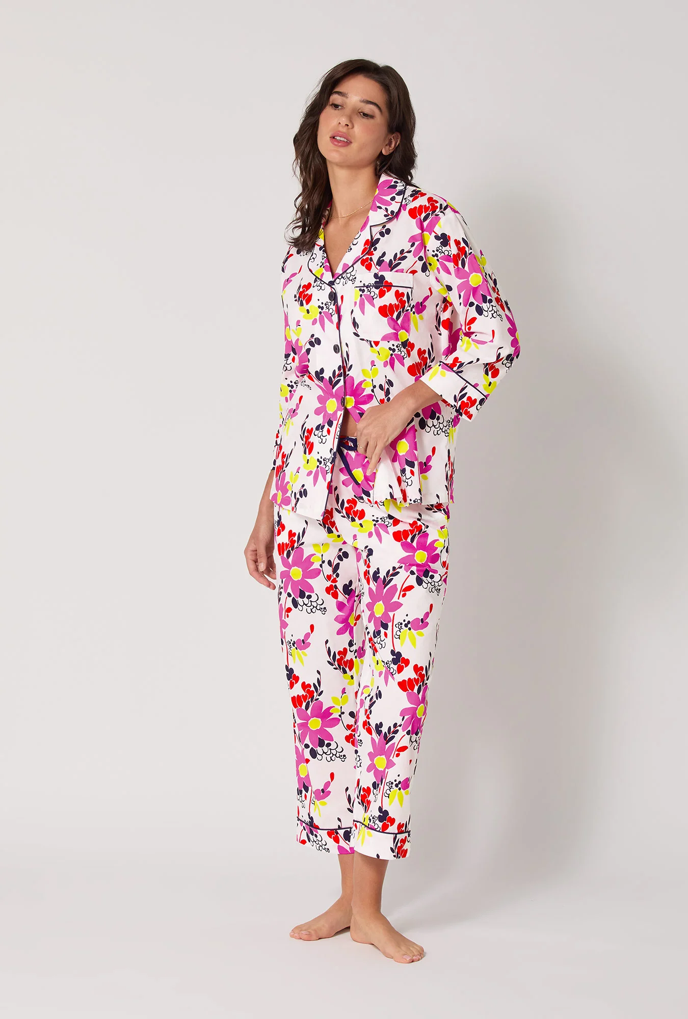 BedHead x Trina Turk Whimsical Floral 3/4 Sleeve Classic Woven Cotton Cropped Pj Set - Image 2