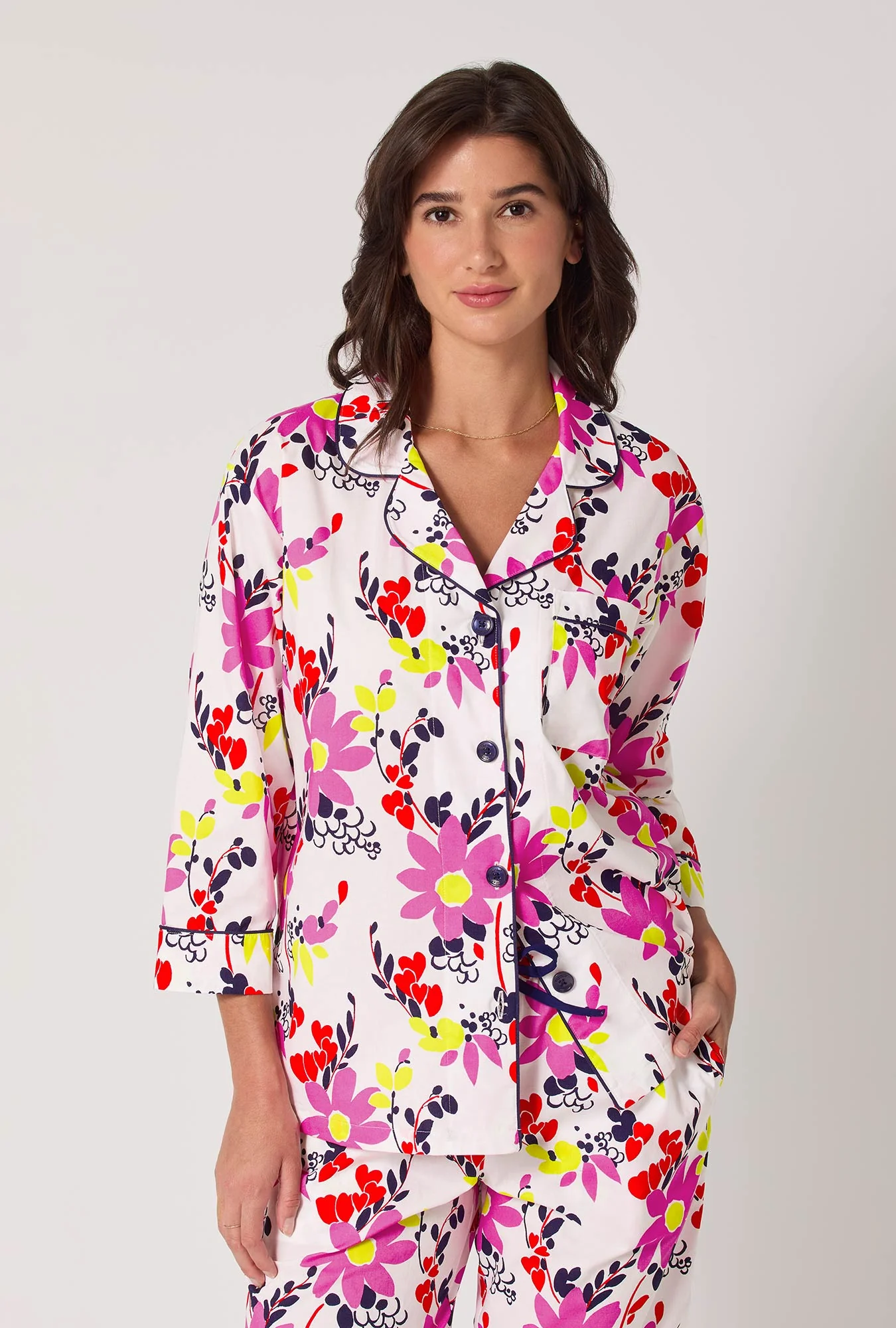 BedHead x Trina Turk Whimsical Floral 3/4 Sleeve Classic Woven Cotton Cropped Pj Set - Image 4