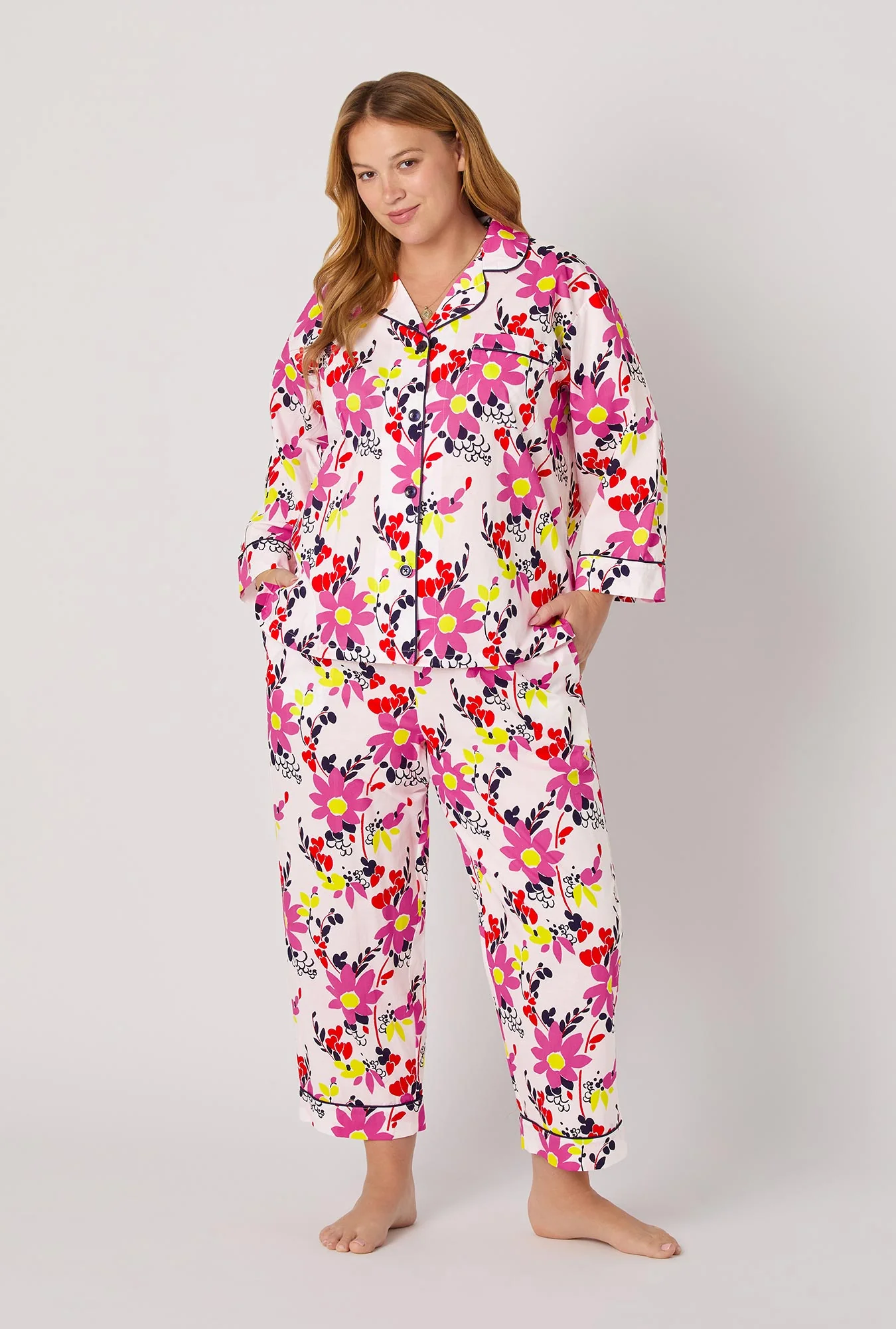BedHead x Trina Turk Whimsical Floral 3/4 Sleeve Classic Woven Cotton Cropped Pj Set - Image 5