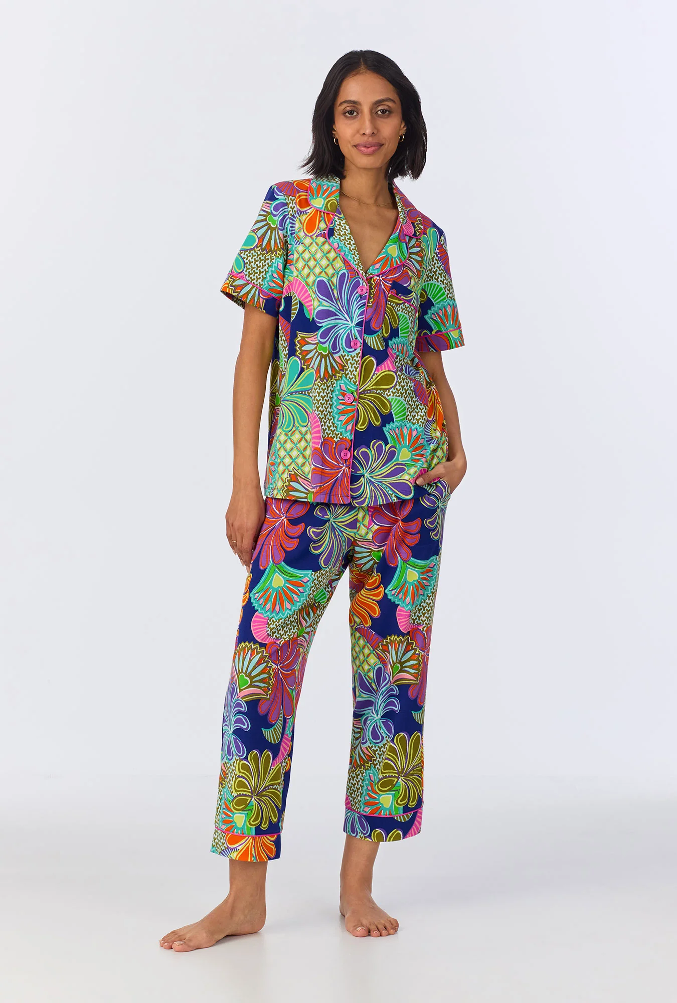 BedHead x Trina Turk Zanzibar Short Sleeve Classic Cropped Stretch Jersey PJ Set