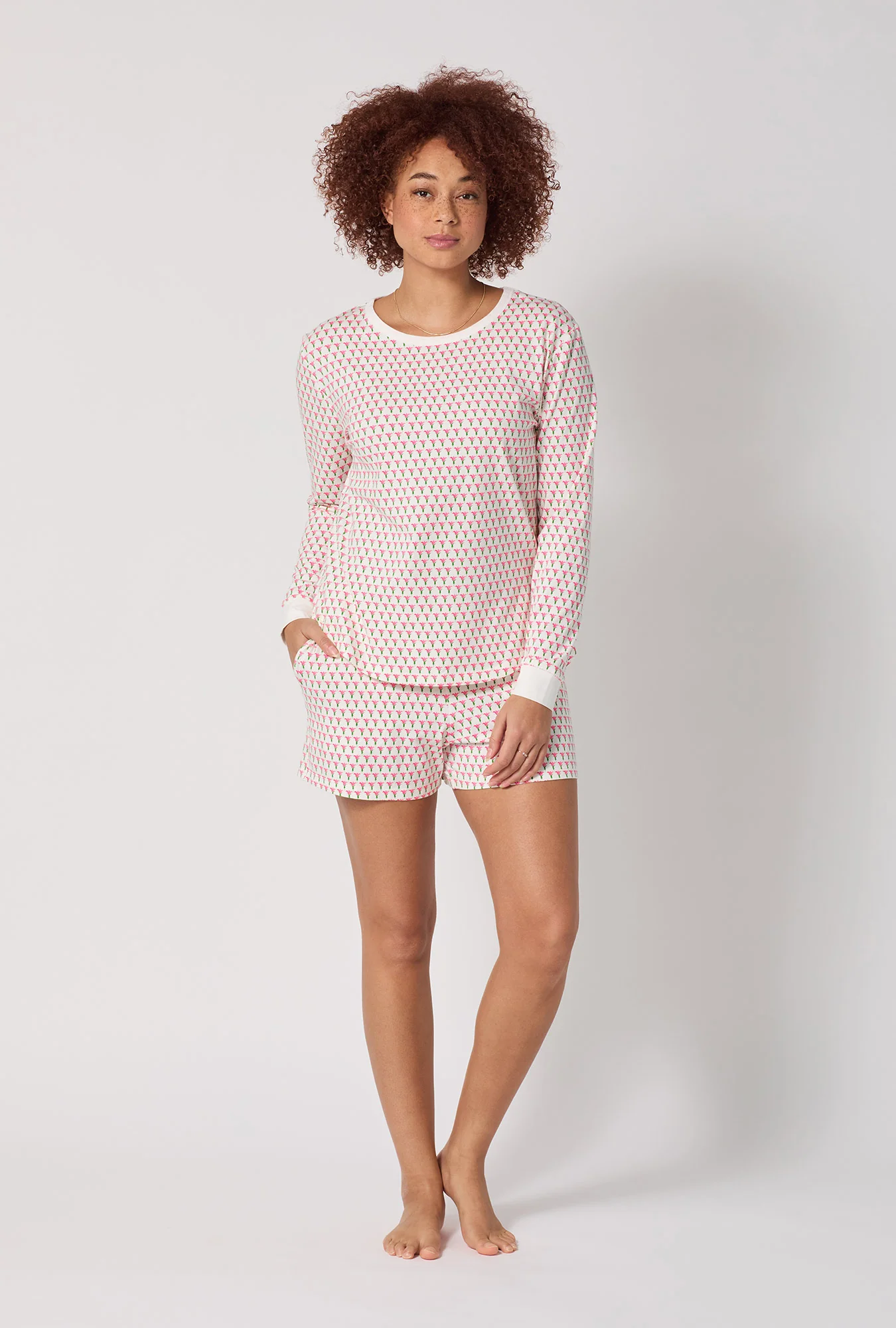 Blossom Geo Long Sleeve Pullover Crew And Shorty Stretch Jersey Pj Set - Image 2