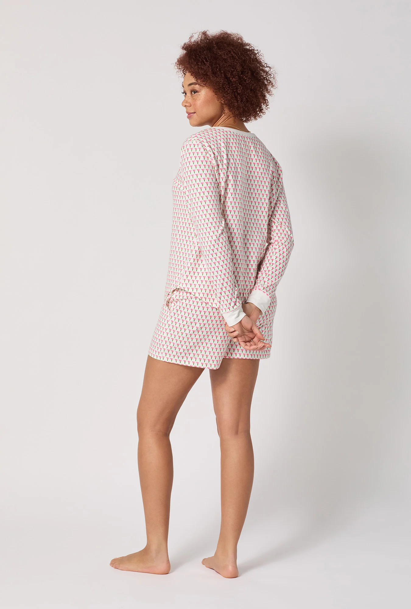 Blossom Geo Long Sleeve Pullover Crew And Shorty Stretch Jersey Pj Set - Image 5