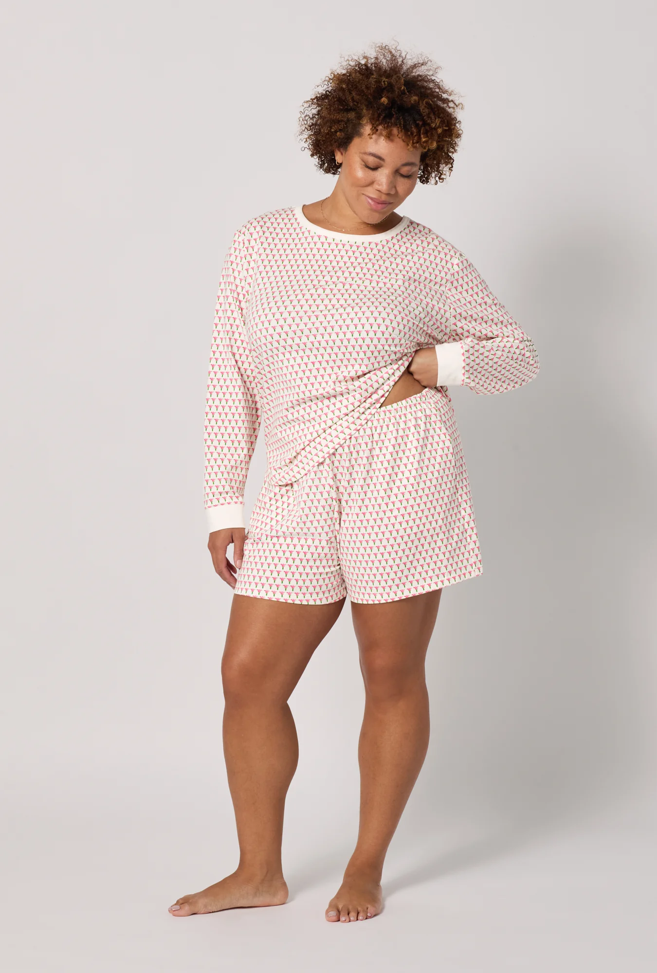 Blossom Geo Long Sleeve Pullover Crew And Shorty Stretch Jersey Pj Set - Image 7