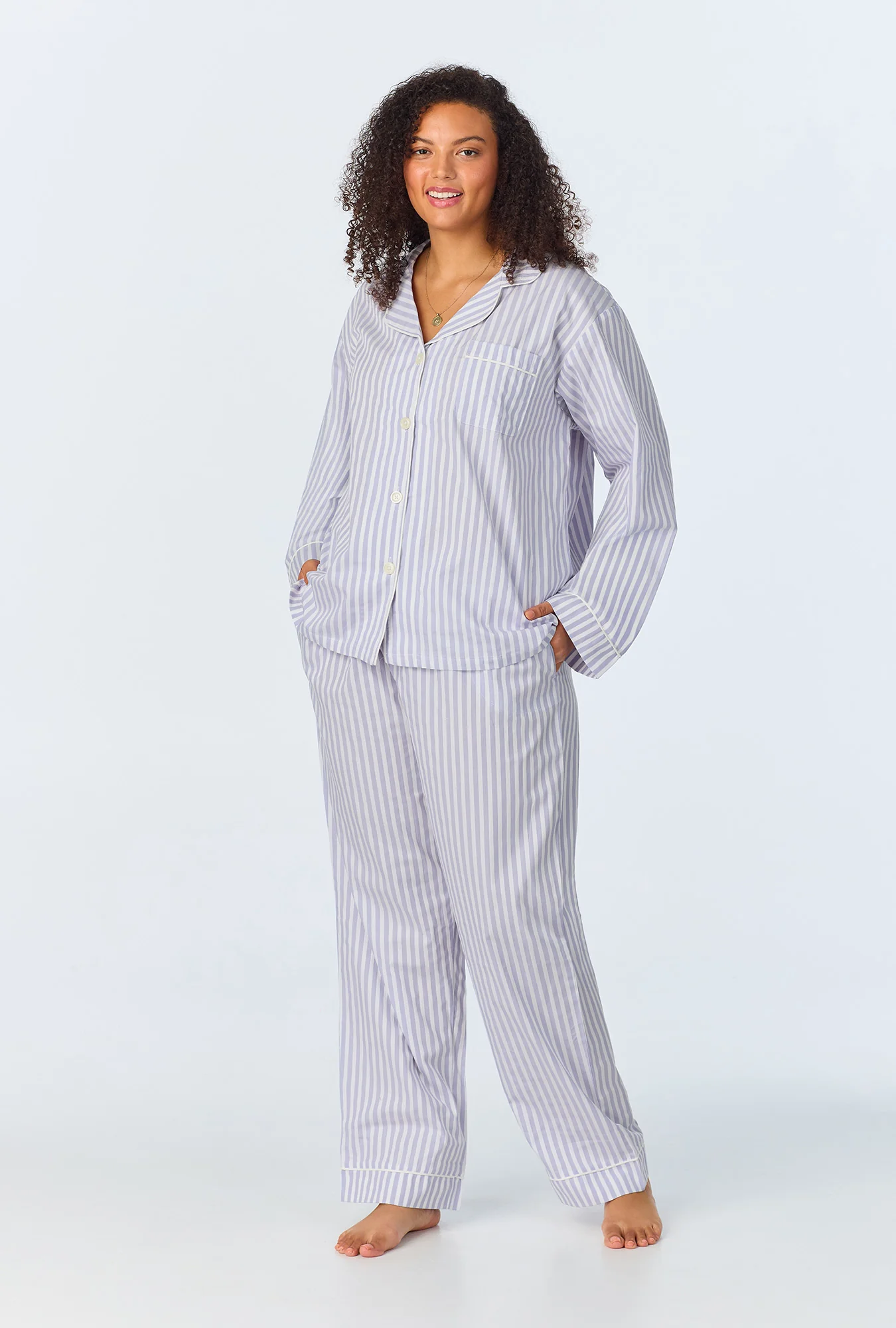 Blue 3D Stripe Long Sleeve Classic Woven Cotton Sateen PJ Set - Image 4