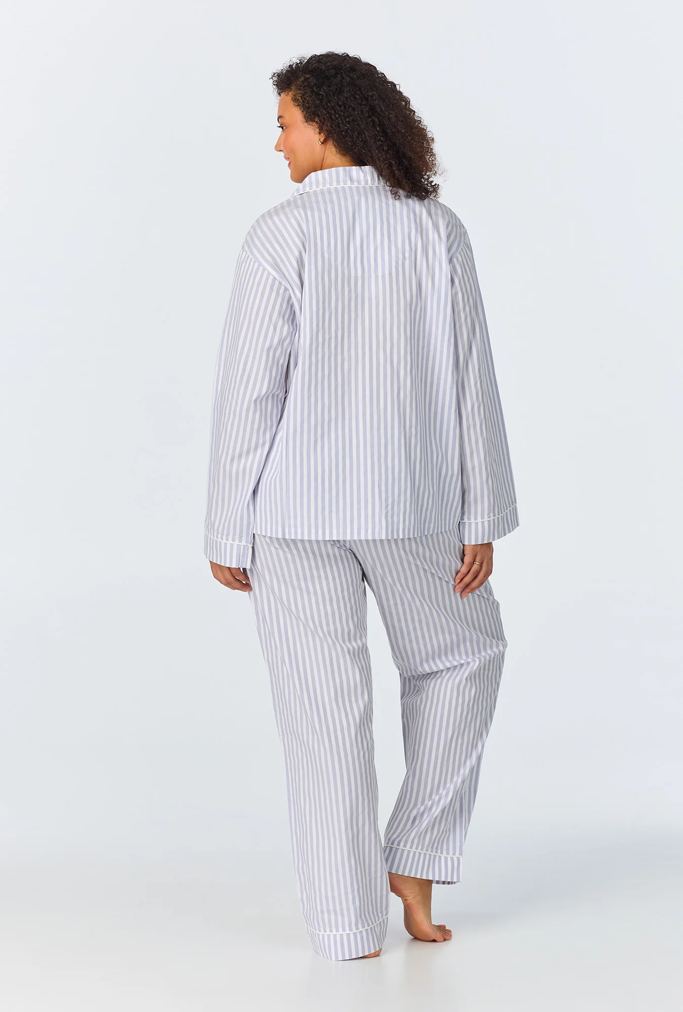 Blue 3D Stripe Long Sleeve Classic Woven Cotton Sateen PJ Set - Image 5