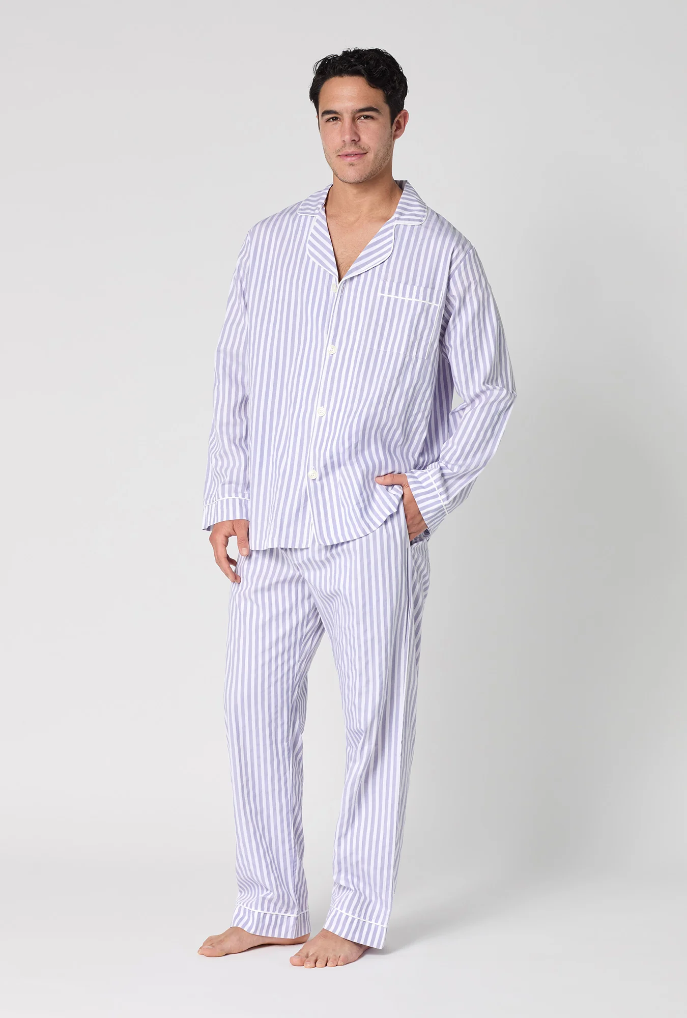 Blue 3D Stripe Men's Long Sleeve Classic Woven Cotton Sateen PJ Set - Image 3