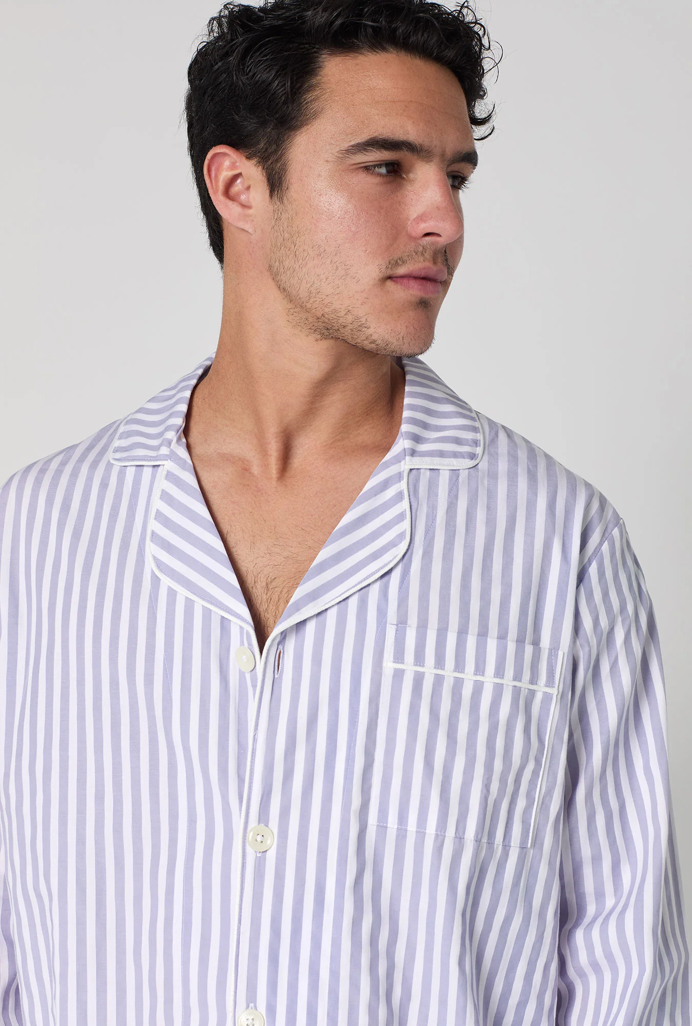 Blue 3D Stripe Men's Long Sleeve Classic Woven Cotton Sateen PJ Set - Image 5