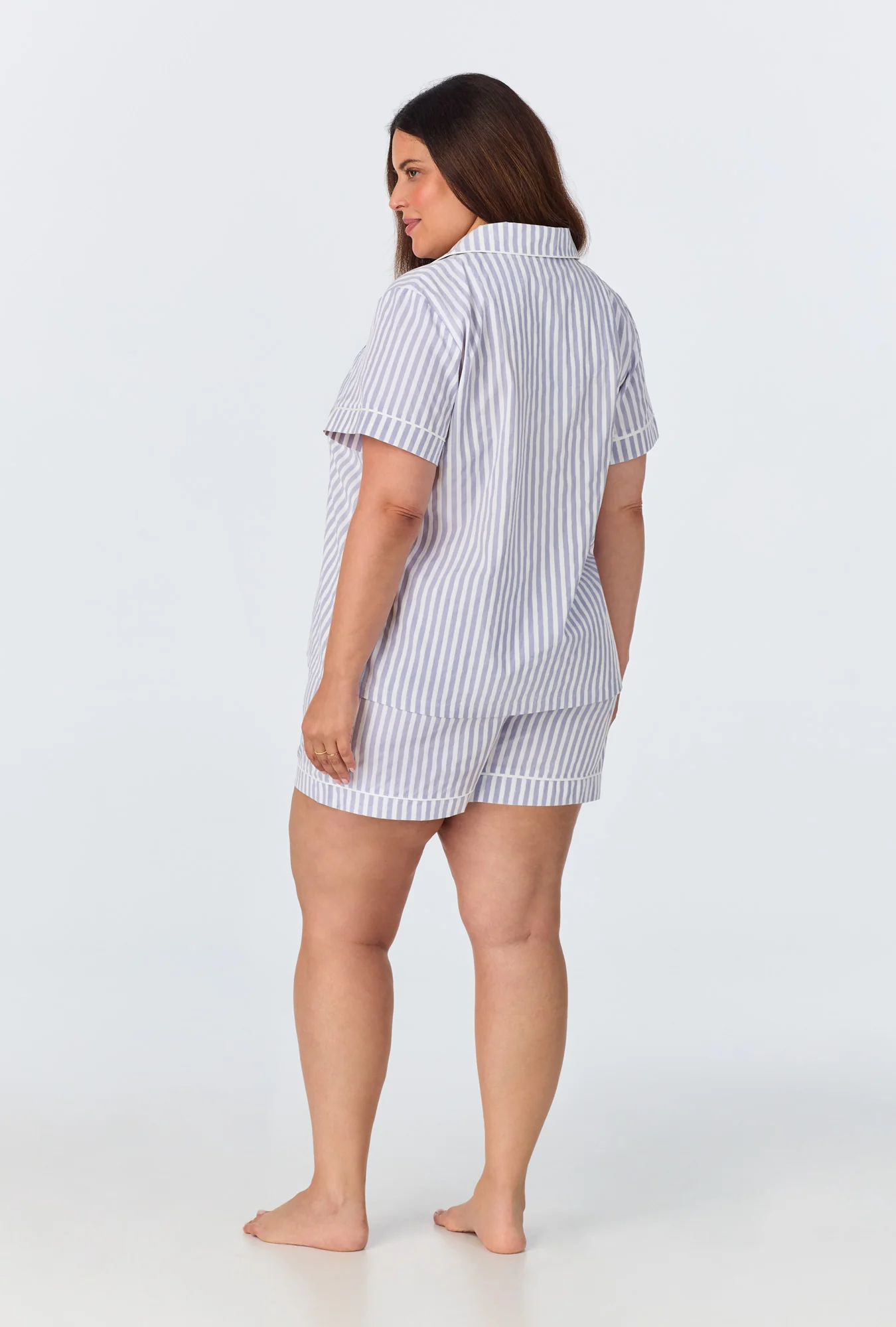 Blue 3D Stripe Short Sleeve Classic Shorty Woven Cotton Sateen PJ Set - Image 7