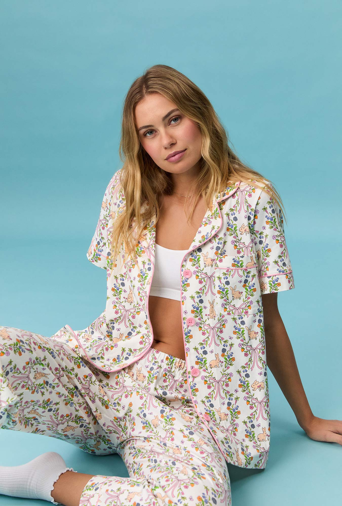 Bunny Blooms Short Sleeve Classic Stretch Jersey Cropped Pj Set