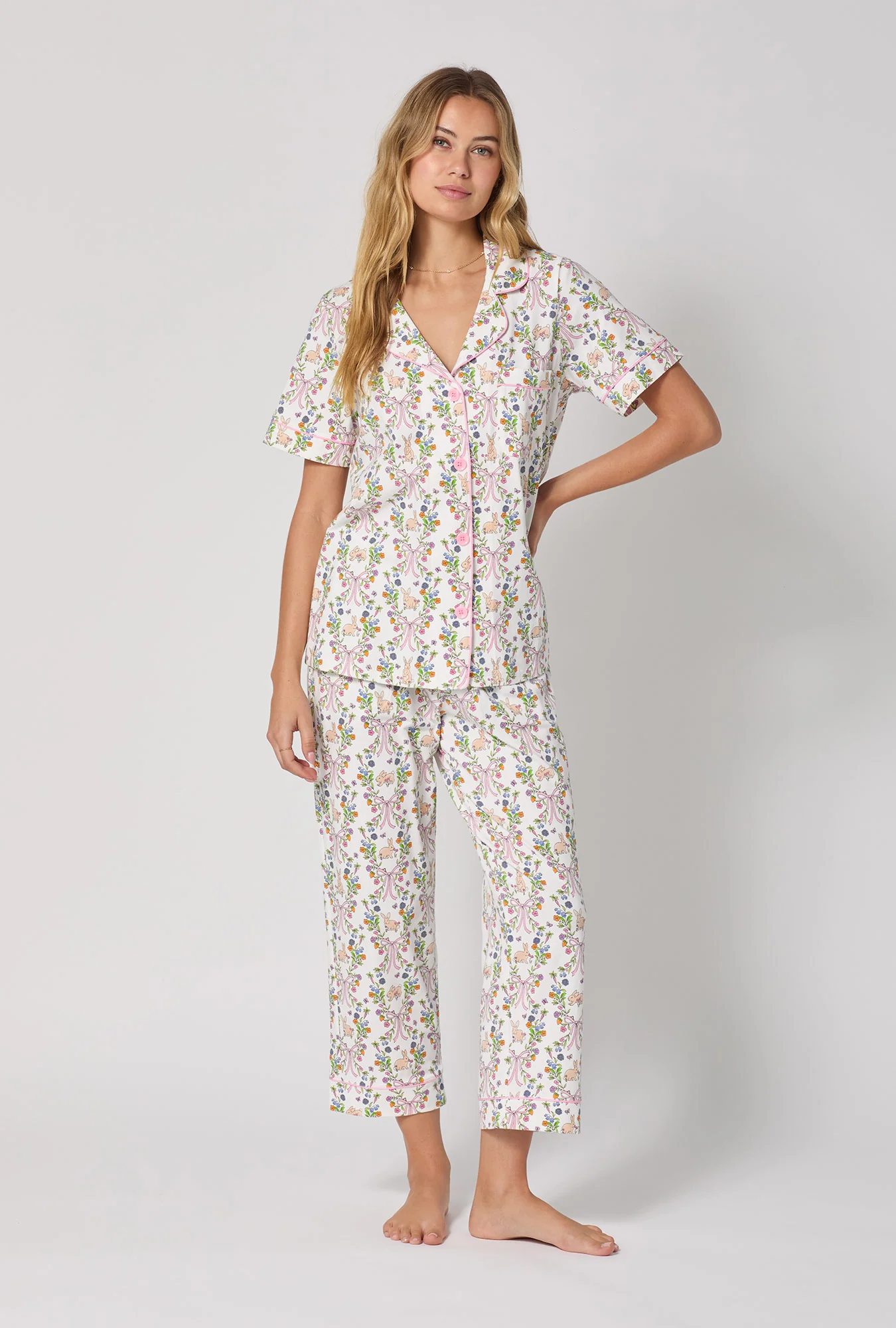 Bunny Blooms Short Sleeve Classic Stretch Jersey Cropped Pj Set - Image 2