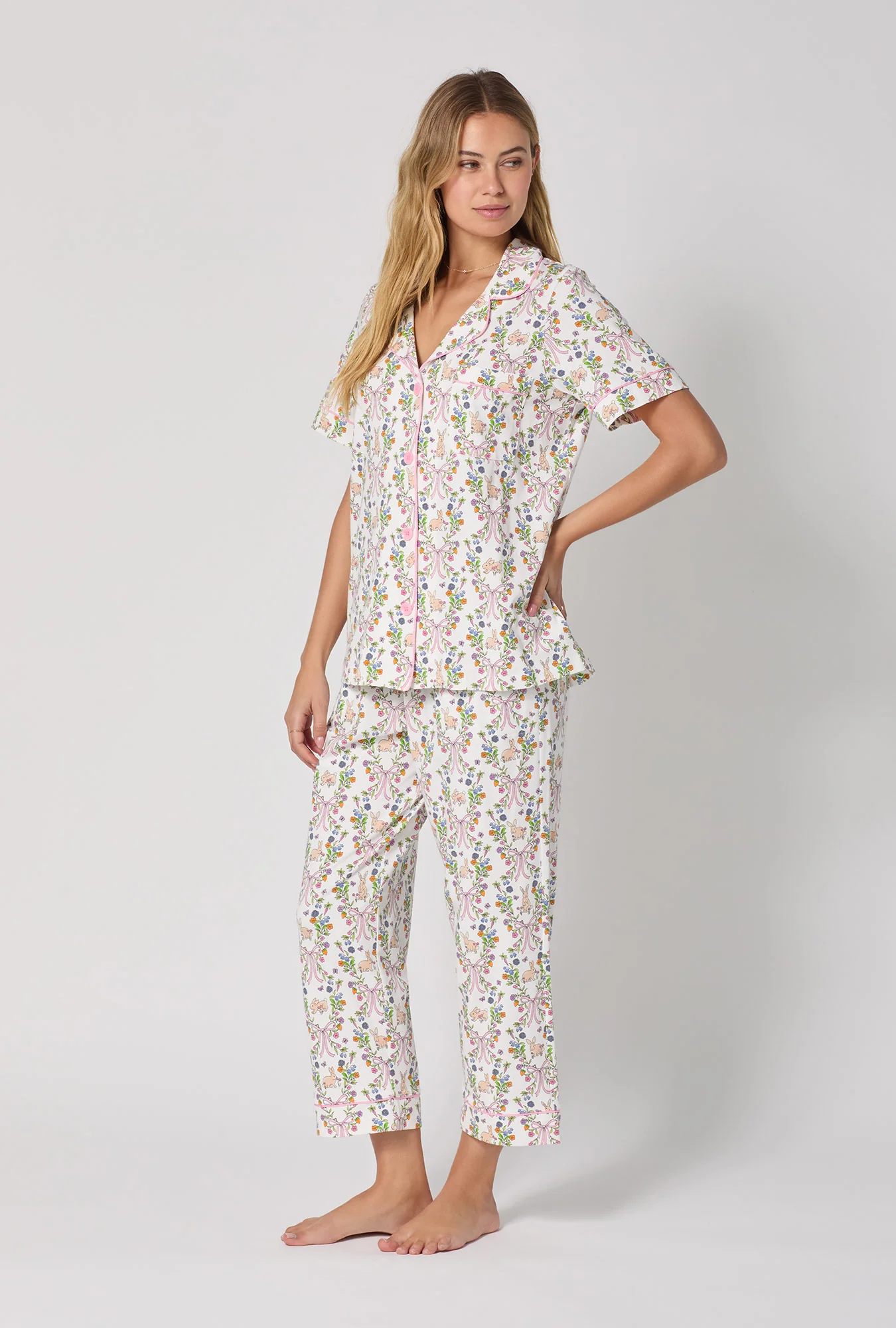 Bunny Blooms Short Sleeve Classic Stretch Jersey Cropped Pj Set - Image 3