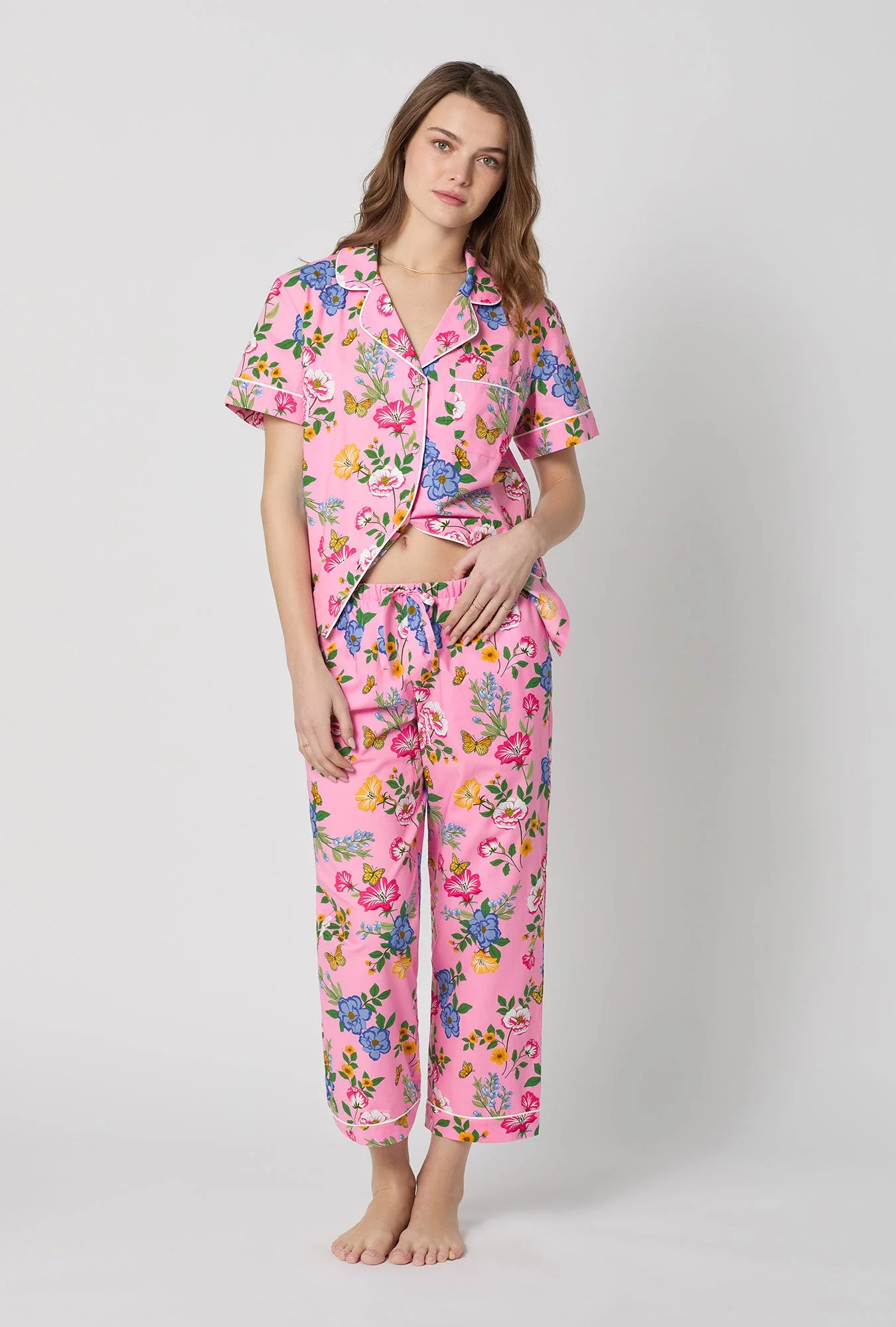 Butterfly Garden Short Sleeve Classic Woven Cotton Poplin Cropped Pj Set - Image 2
