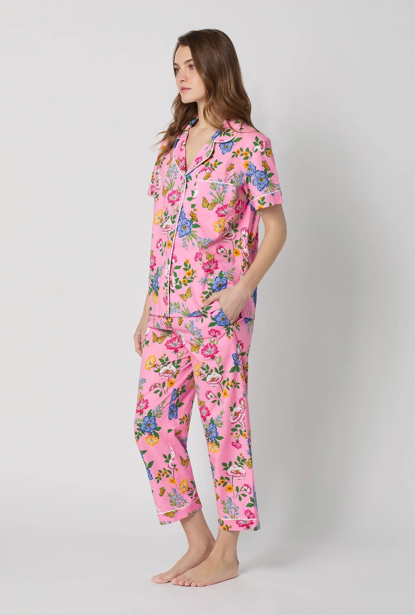 Butterfly Garden Short Sleeve Classic Woven Cotton Poplin Cropped Pj Set - Image 3
