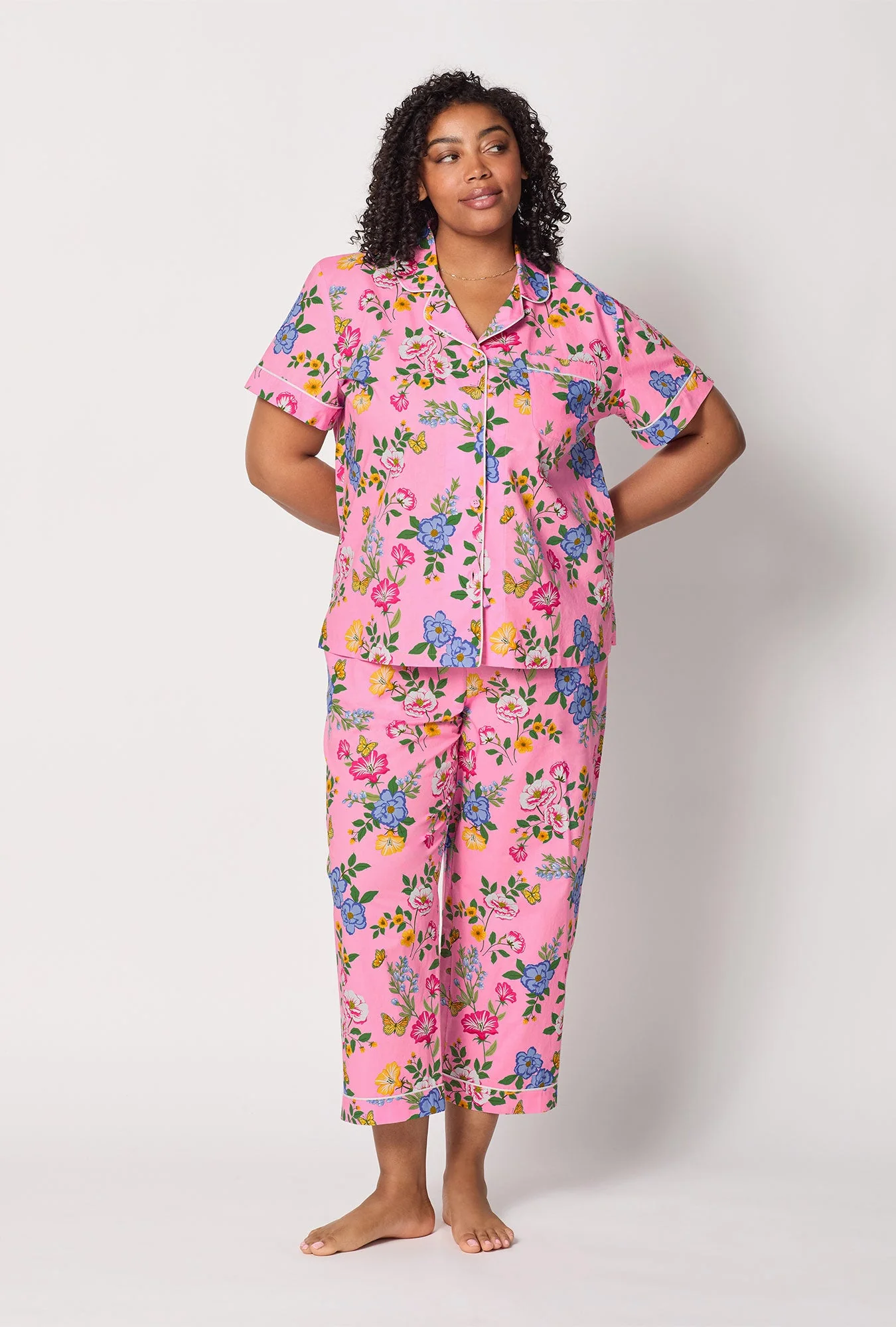 Butterfly Garden Short Sleeve Classic Woven Cotton Poplin Cropped Pj Set - Image 5
