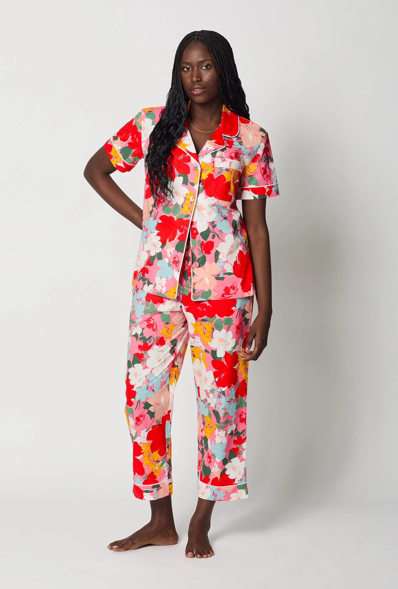 Cassandra Short Sleeve Classic Woven Cotton Poplin Cropped Pj Set - Image 2