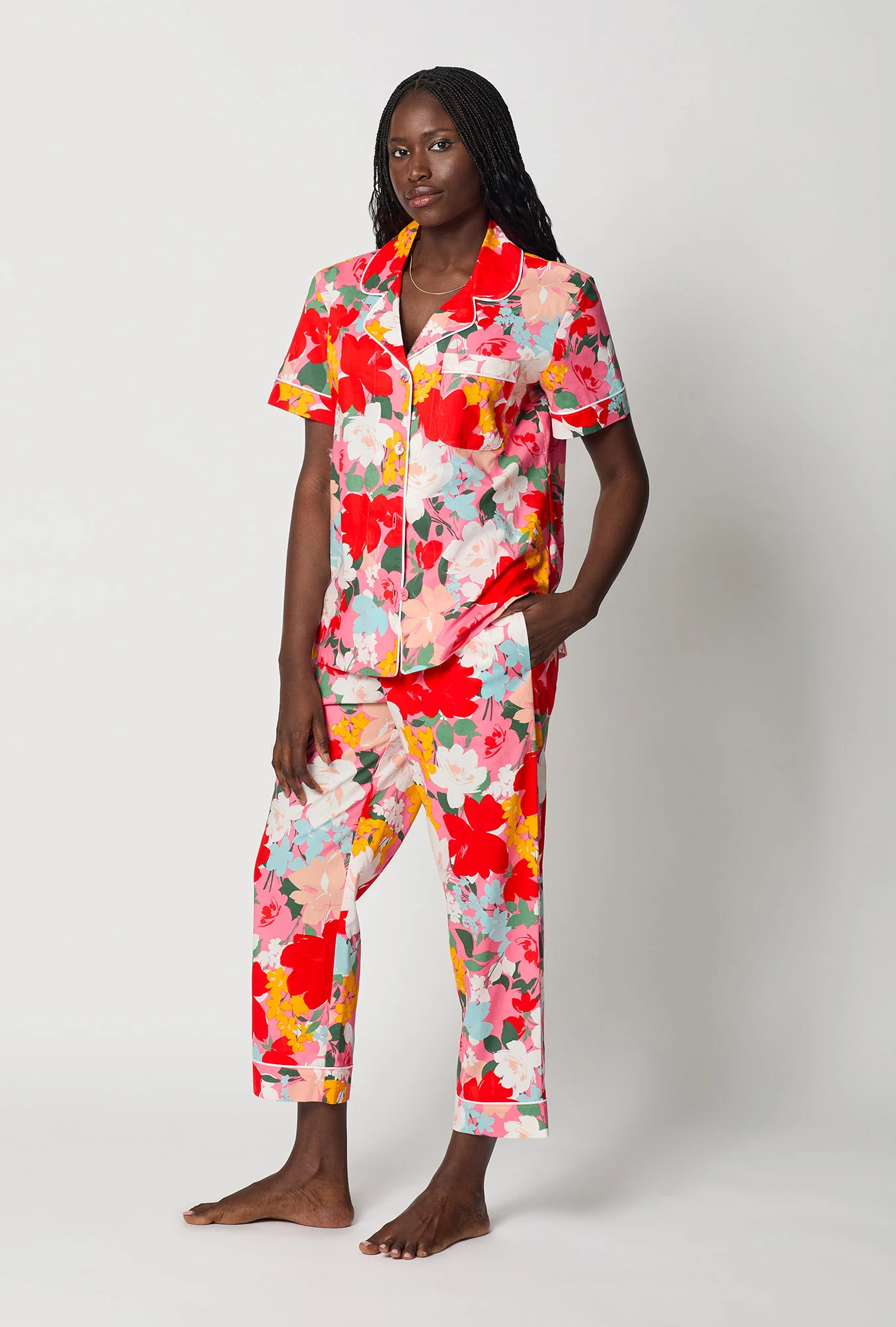 Cassandra Short Sleeve Classic Woven Cotton Poplin Cropped Pj Set - Image 3