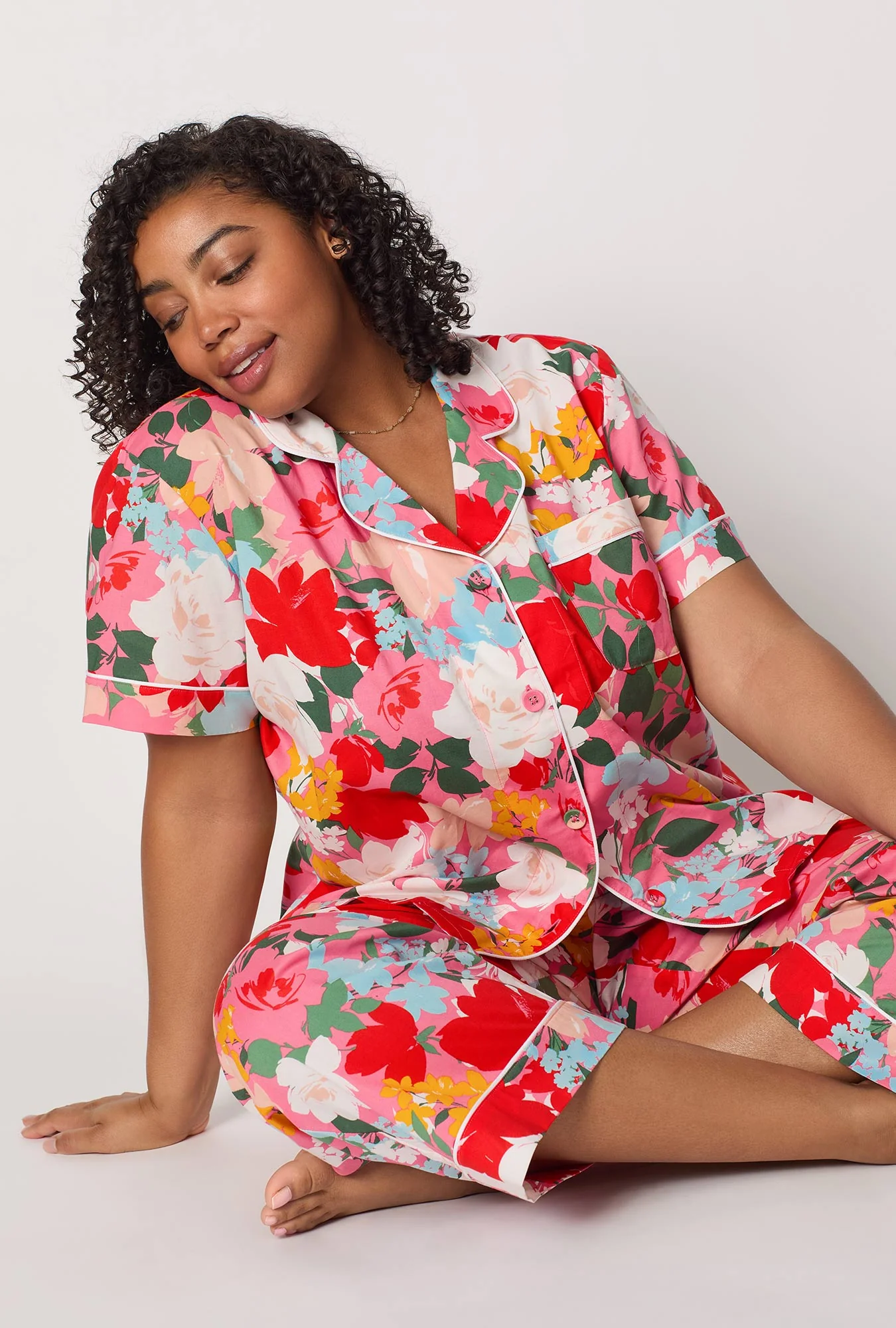 Cassandra Short Sleeve Classic Woven Cotton Poplin Cropped Pj Set - Image 5