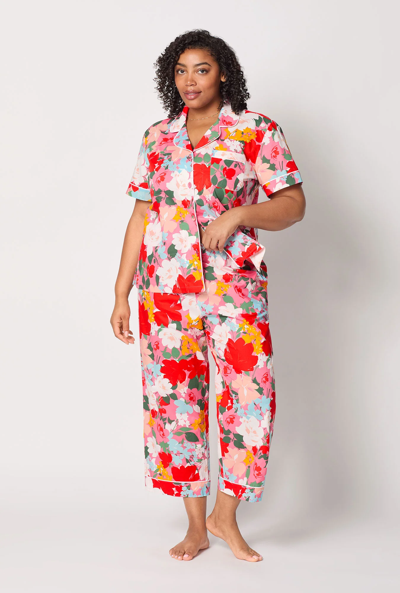 Cassandra Short Sleeve Classic Woven Cotton Poplin Cropped Pj Set - Image 6