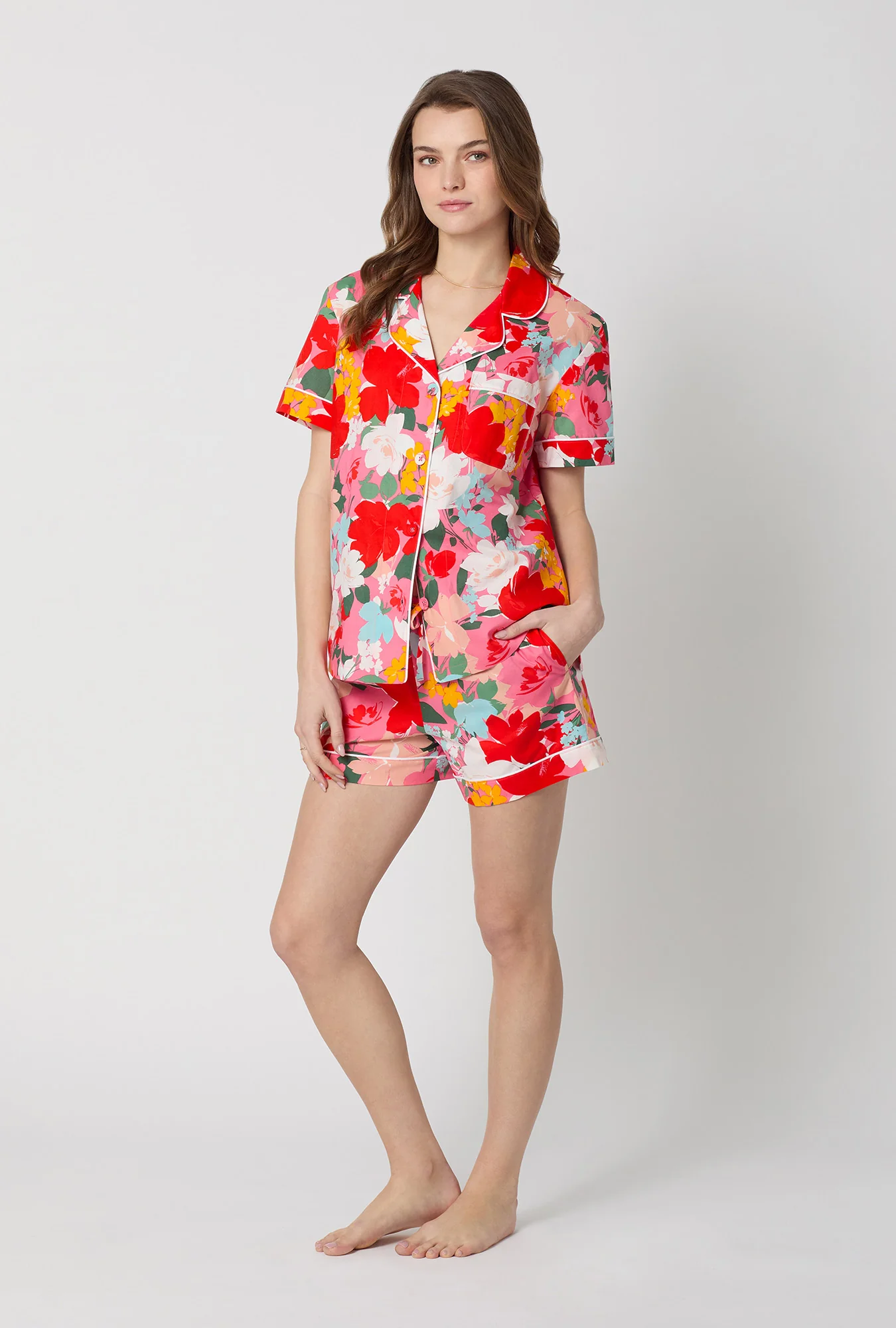 Cassandra Short Sleeve Classic Woven Cotton Poplin Shorty Pj Set - Image 2