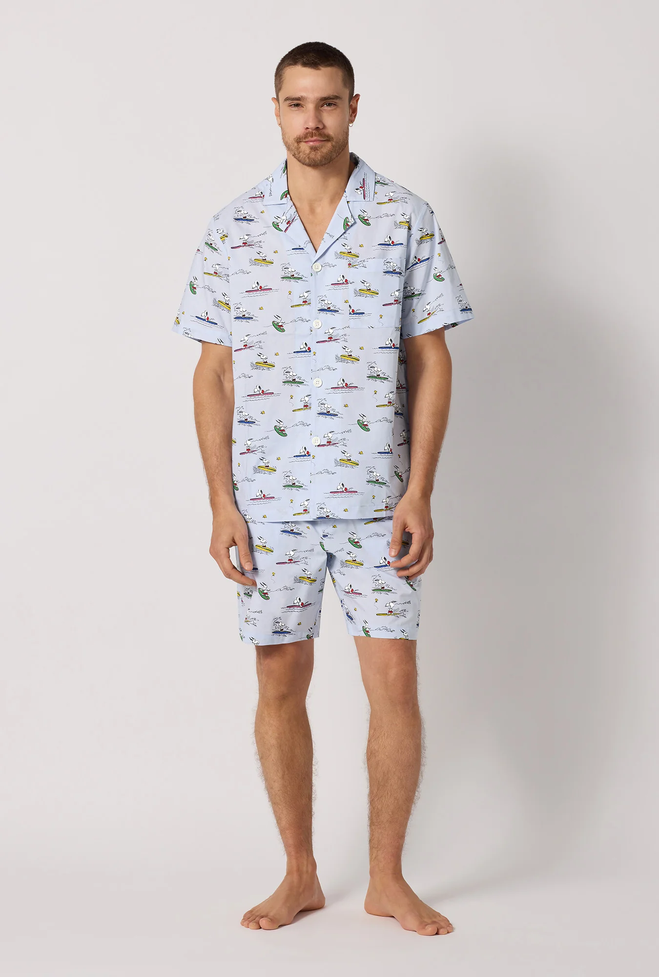 Catch A Wave, Snoopy Men's Short Sleeve Woven Cotton Poplin Short Pj Set