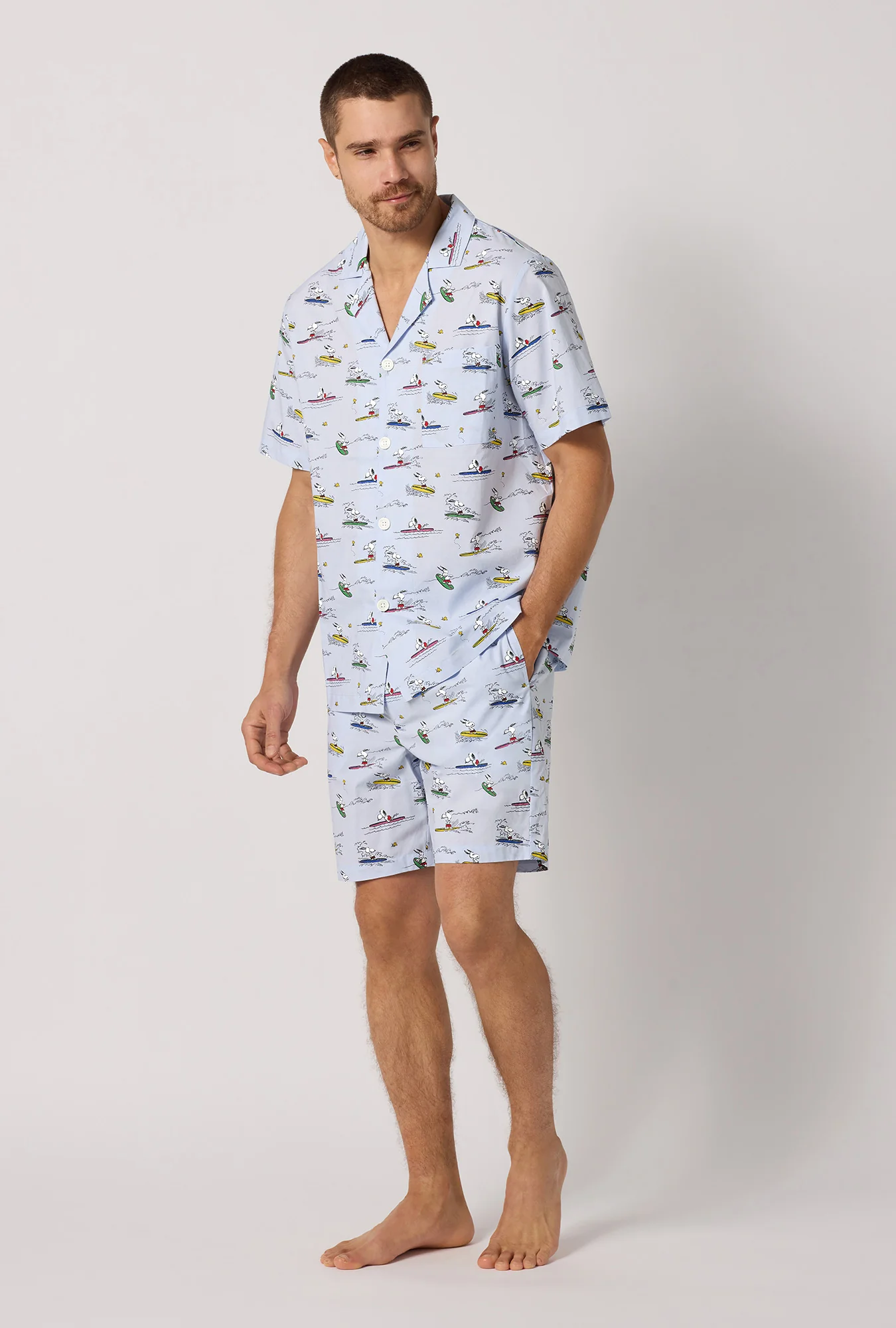 Catch A Wave, Snoopy Men's Short Sleeve Woven Cotton Poplin Short Pj Set - Image 2