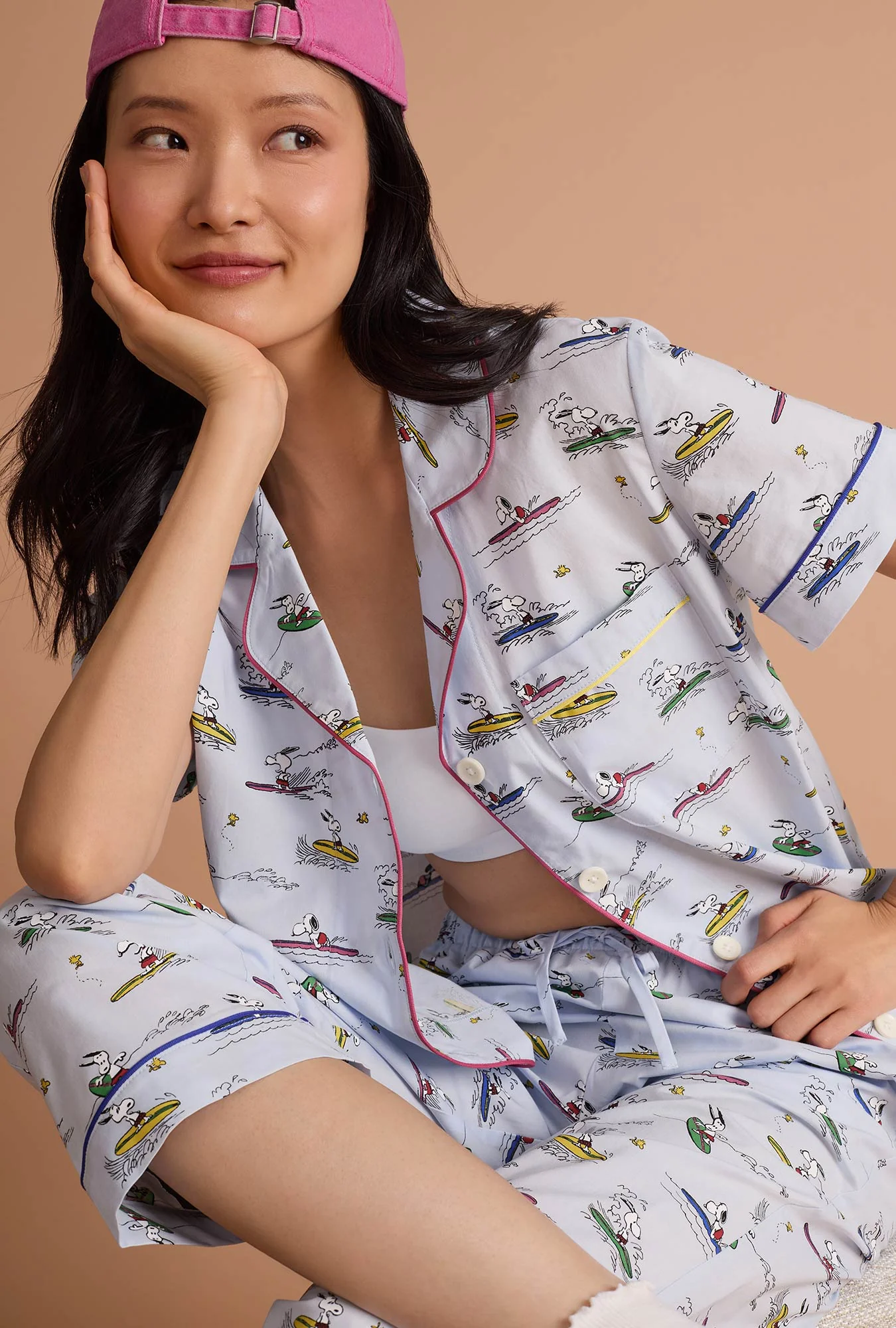 Catch A Wave Snoopy Short Sleeve Classic Woven Cotton Poplin Cropped Pj Set