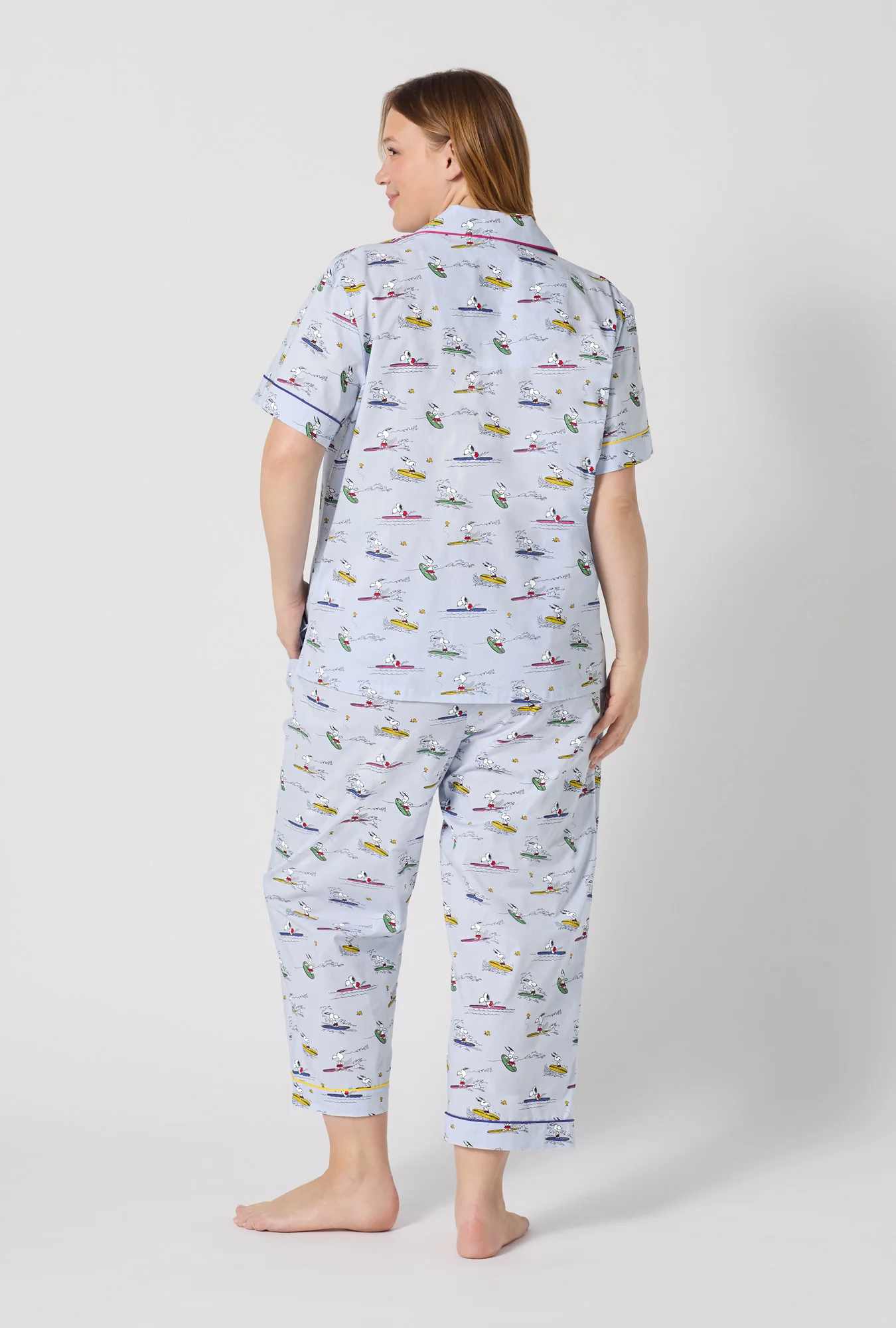 Catch A Wave Snoopy Short Sleeve Classic Woven Cotton Poplin Cropped Pj Set - Image 10