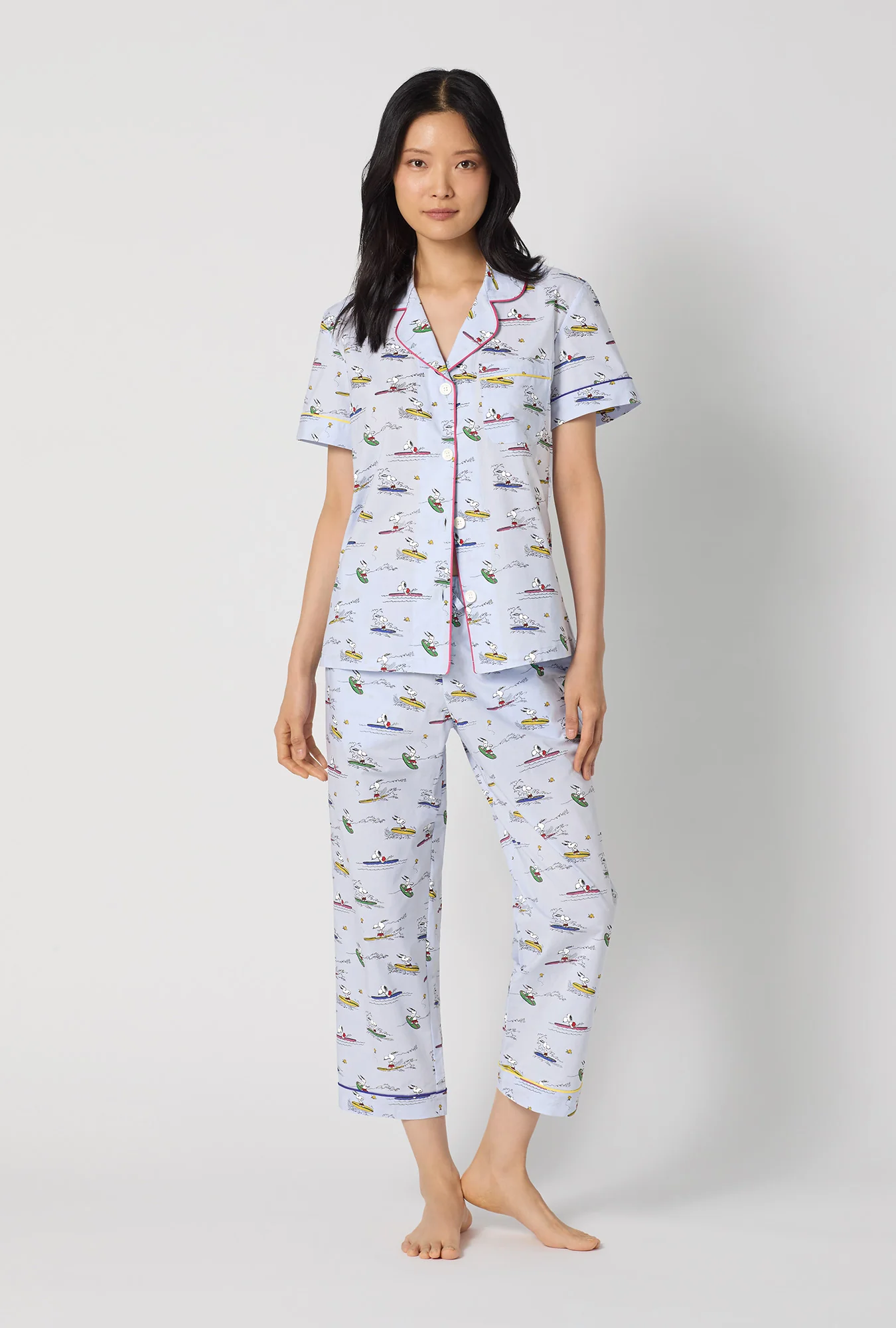 Catch A Wave Snoopy Short Sleeve Classic Woven Cotton Poplin Cropped Pj Set - Image 2