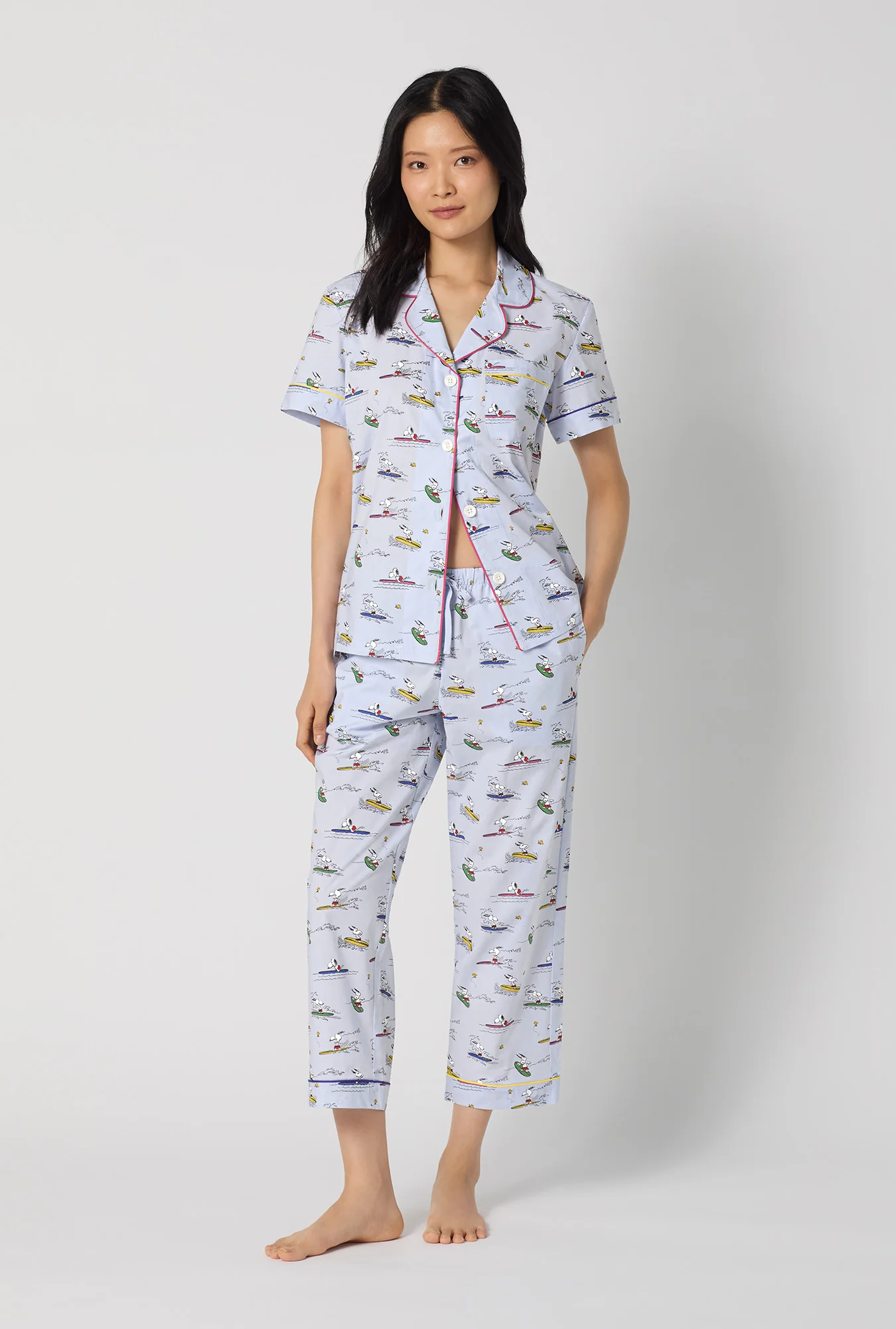 Catch A Wave Snoopy Short Sleeve Classic Woven Cotton Poplin Cropped Pj Set - Image 3