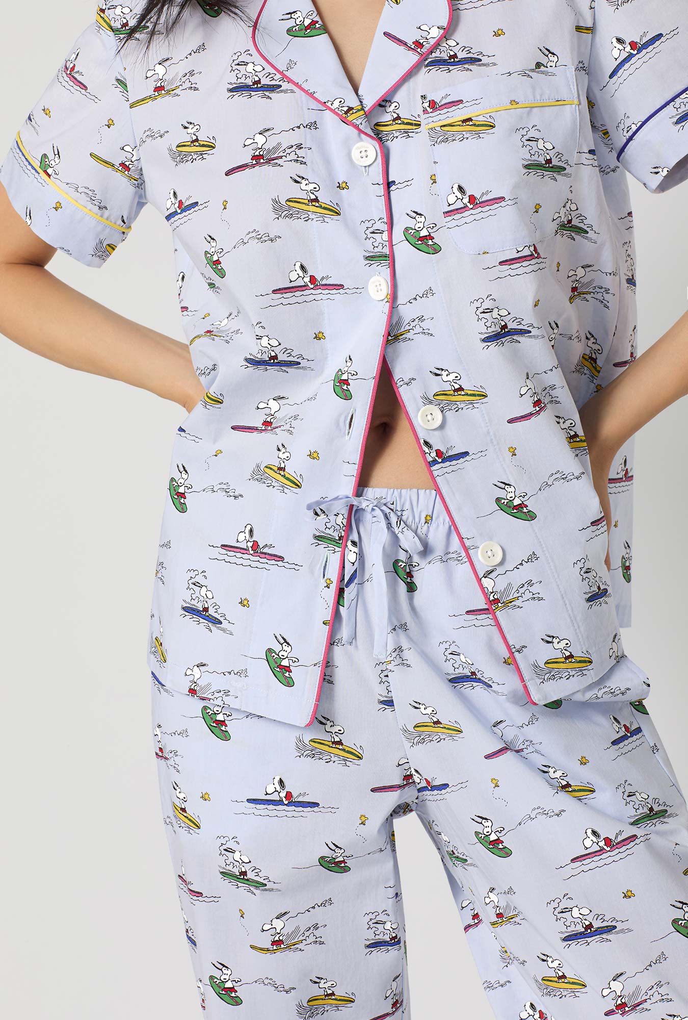 Catch A Wave Snoopy Short Sleeve Classic Woven Cotton Poplin Cropped Pj Set - Image 4