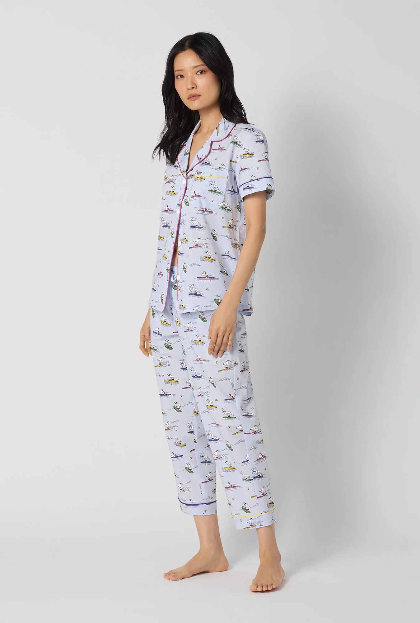Catch A Wave Snoopy Short Sleeve Classic Woven Cotton Poplin Cropped Pj Set - Image 5