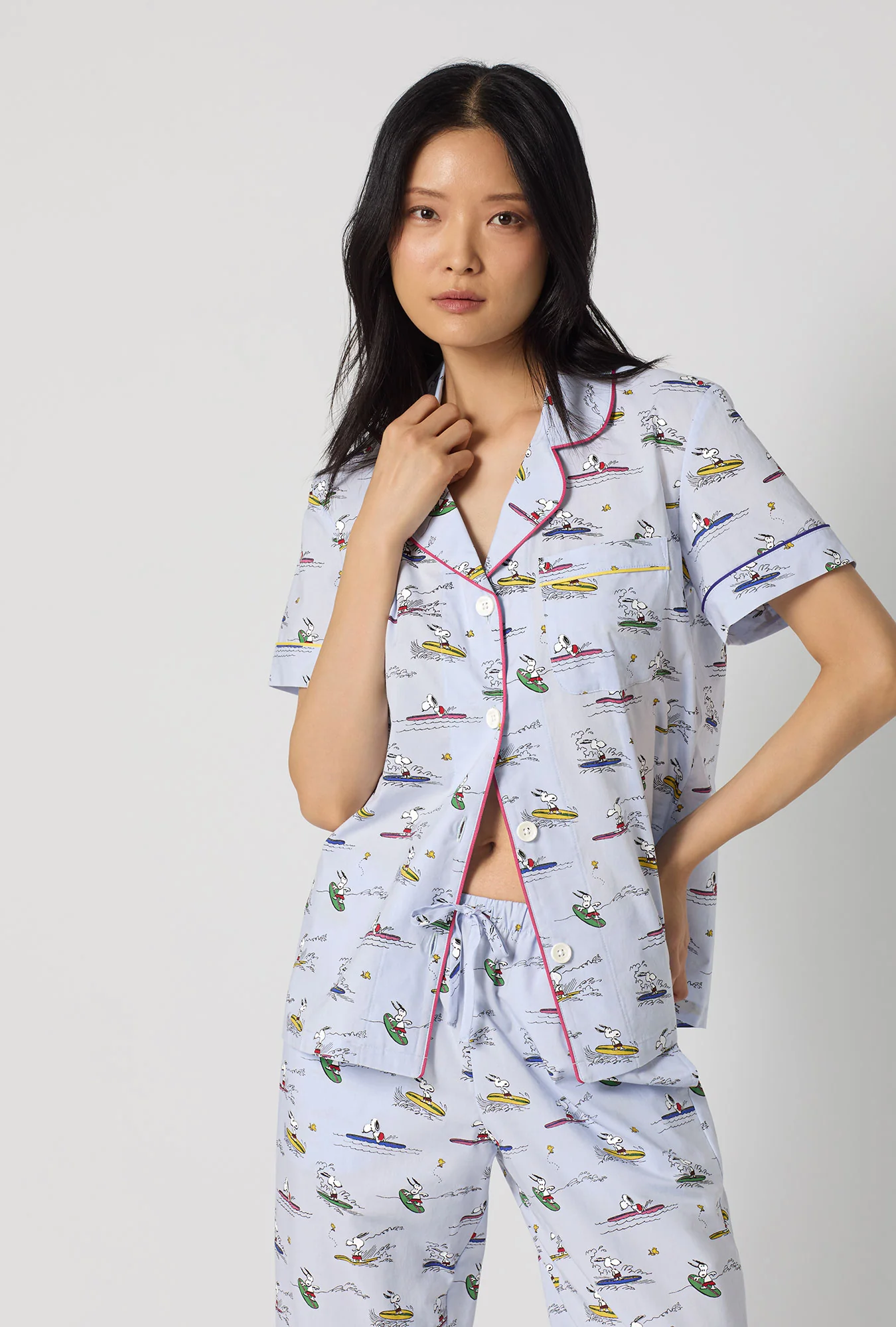 Catch A Wave Snoopy Short Sleeve Classic Woven Cotton Poplin Cropped Pj Set - Image 7