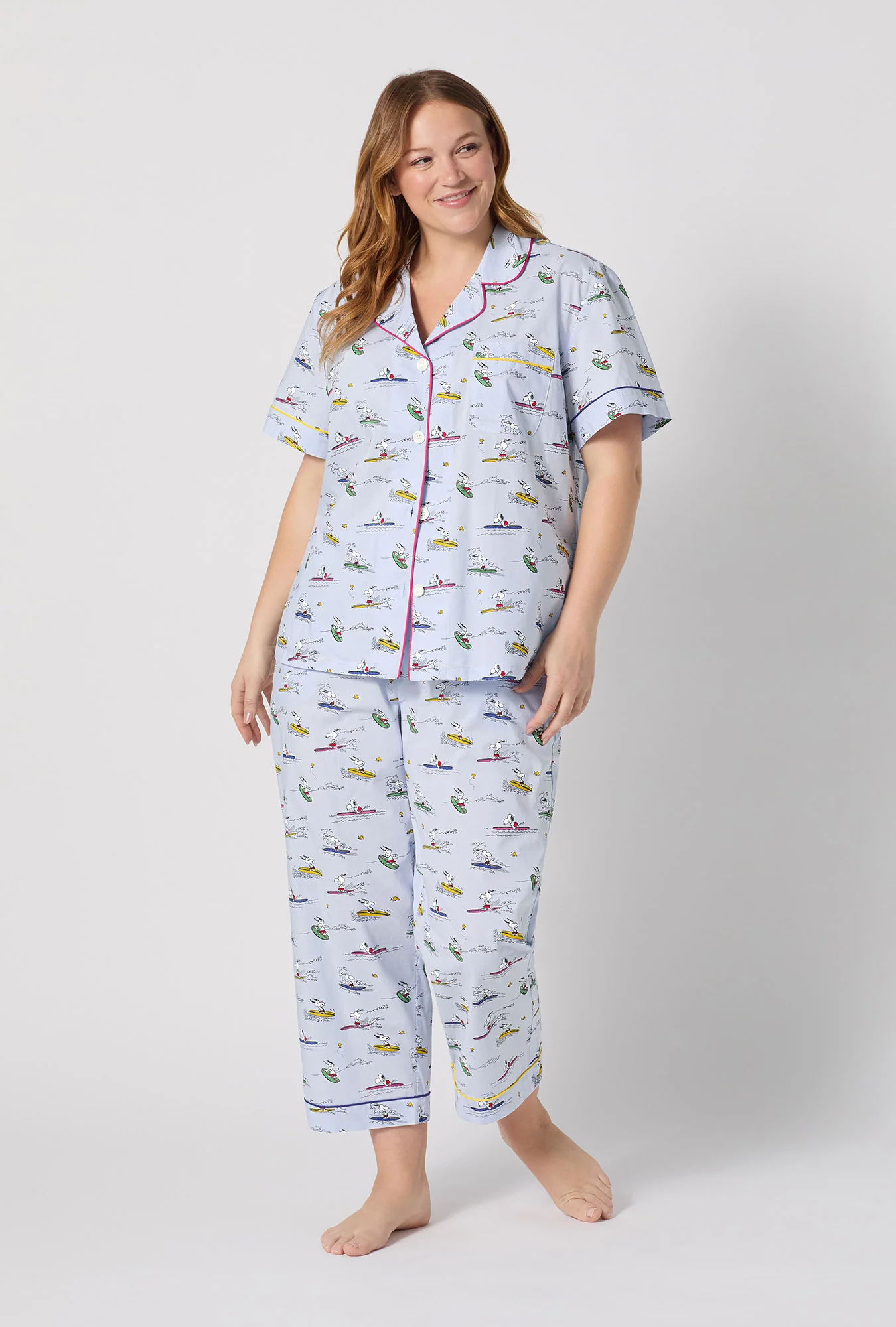 Catch A Wave Snoopy Short Sleeve Classic Woven Cotton Poplin Cropped Pj Set - Image 8