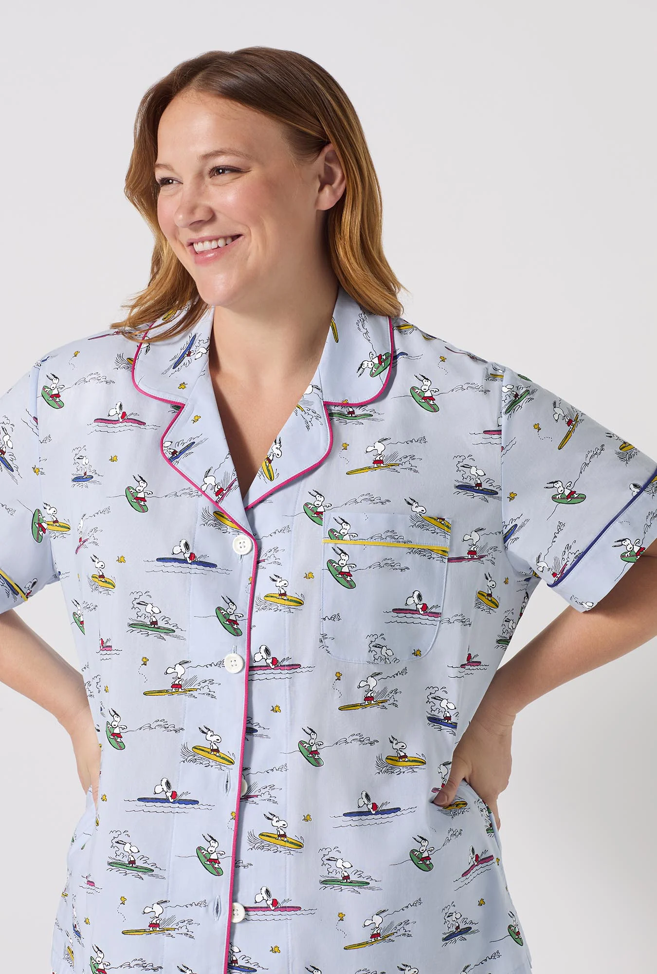 Catch A Wave Snoopy Short Sleeve Classic Woven Cotton Poplin Cropped Pj Set - Image 9