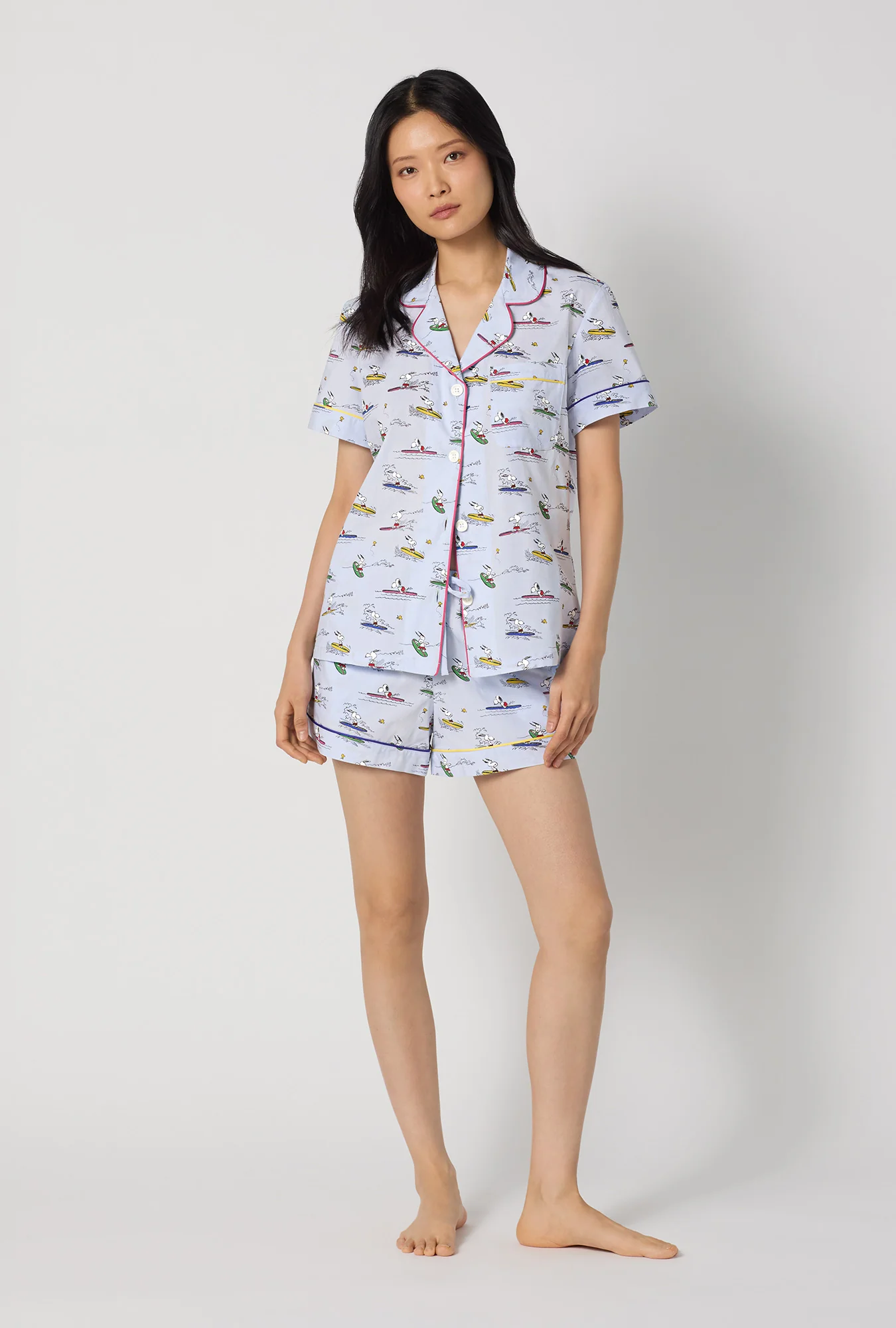 Catch A Wave, Snoopy Short Sleeve Classic Woven Cotton Poplin Shorty Pj Set - Image 2