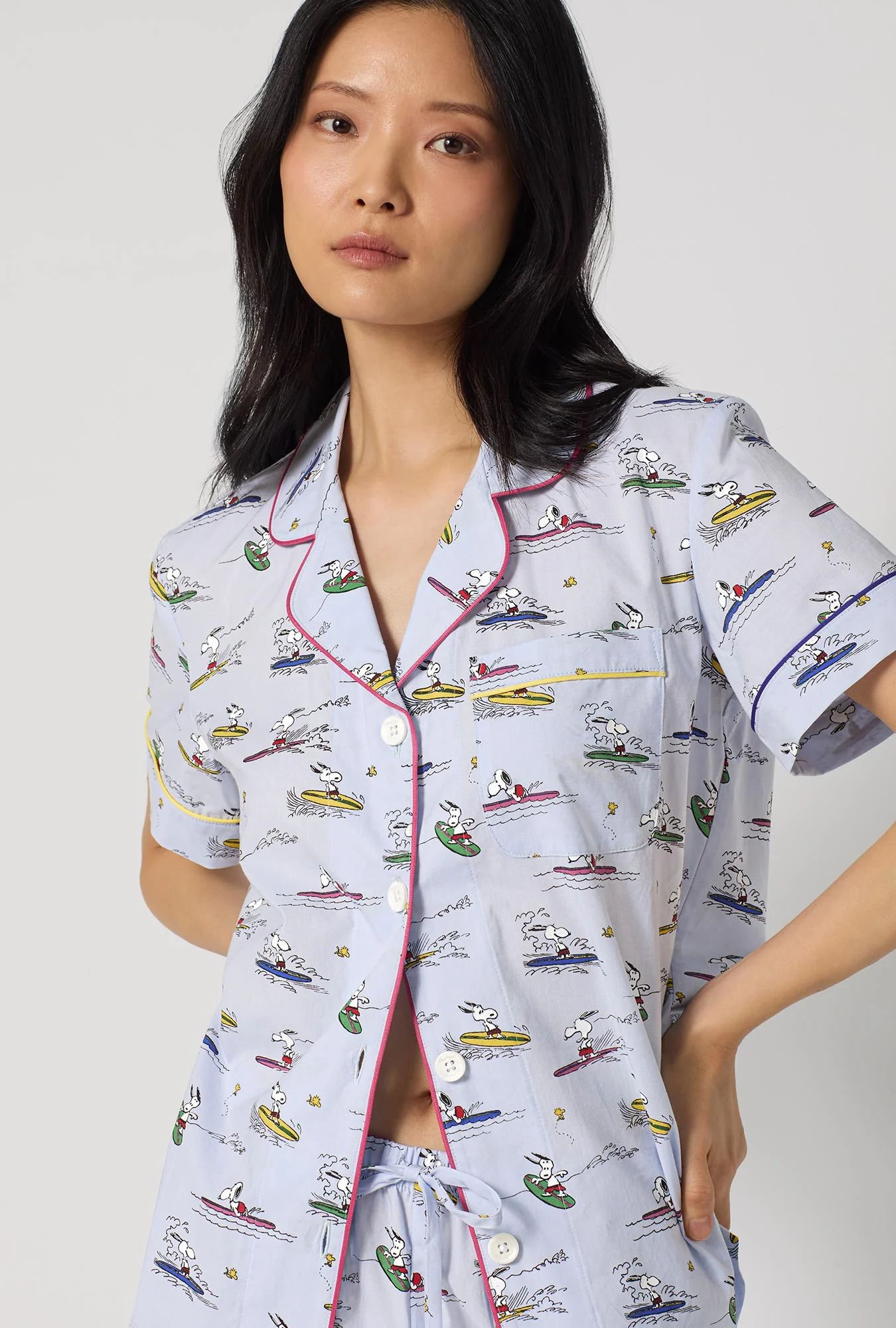 Catch A Wave, Snoopy Short Sleeve Classic Woven Cotton Poplin Shorty Pj Set - Image 3