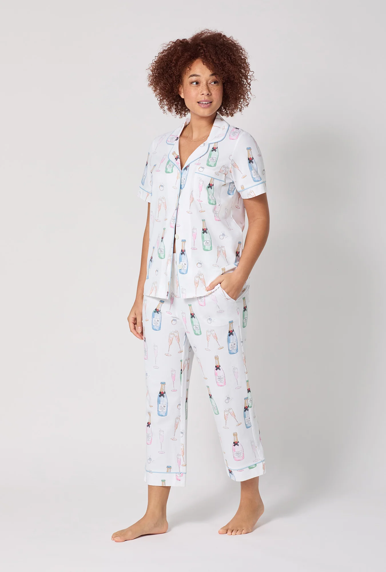 Champagne Wedding Short Sleeve Classic Stretch Jersey Cropped PJ Set - Image 3