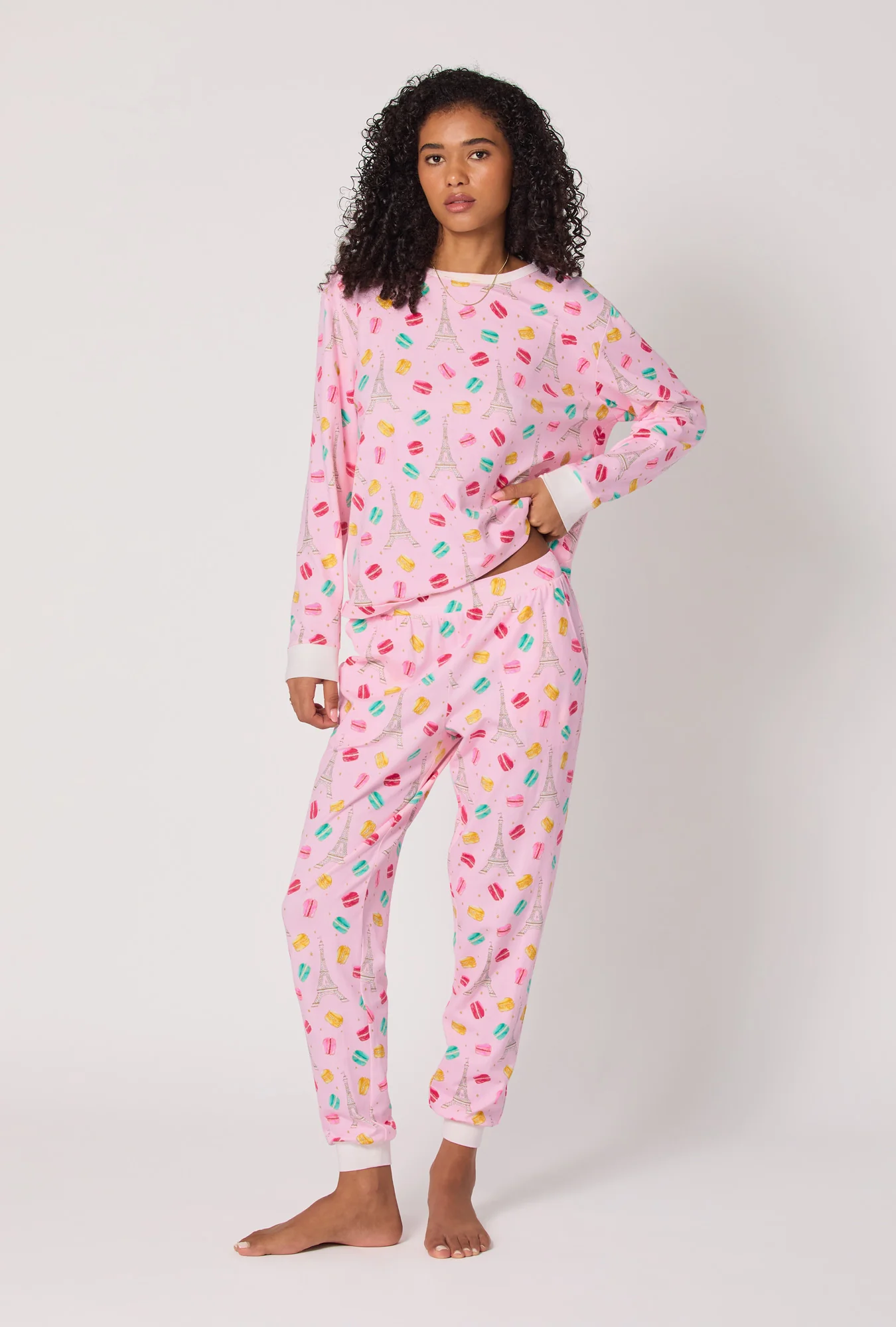 Eiffel For You Long Sleeve Pullover Crew And Jogger Stretch Jersey Pj Set